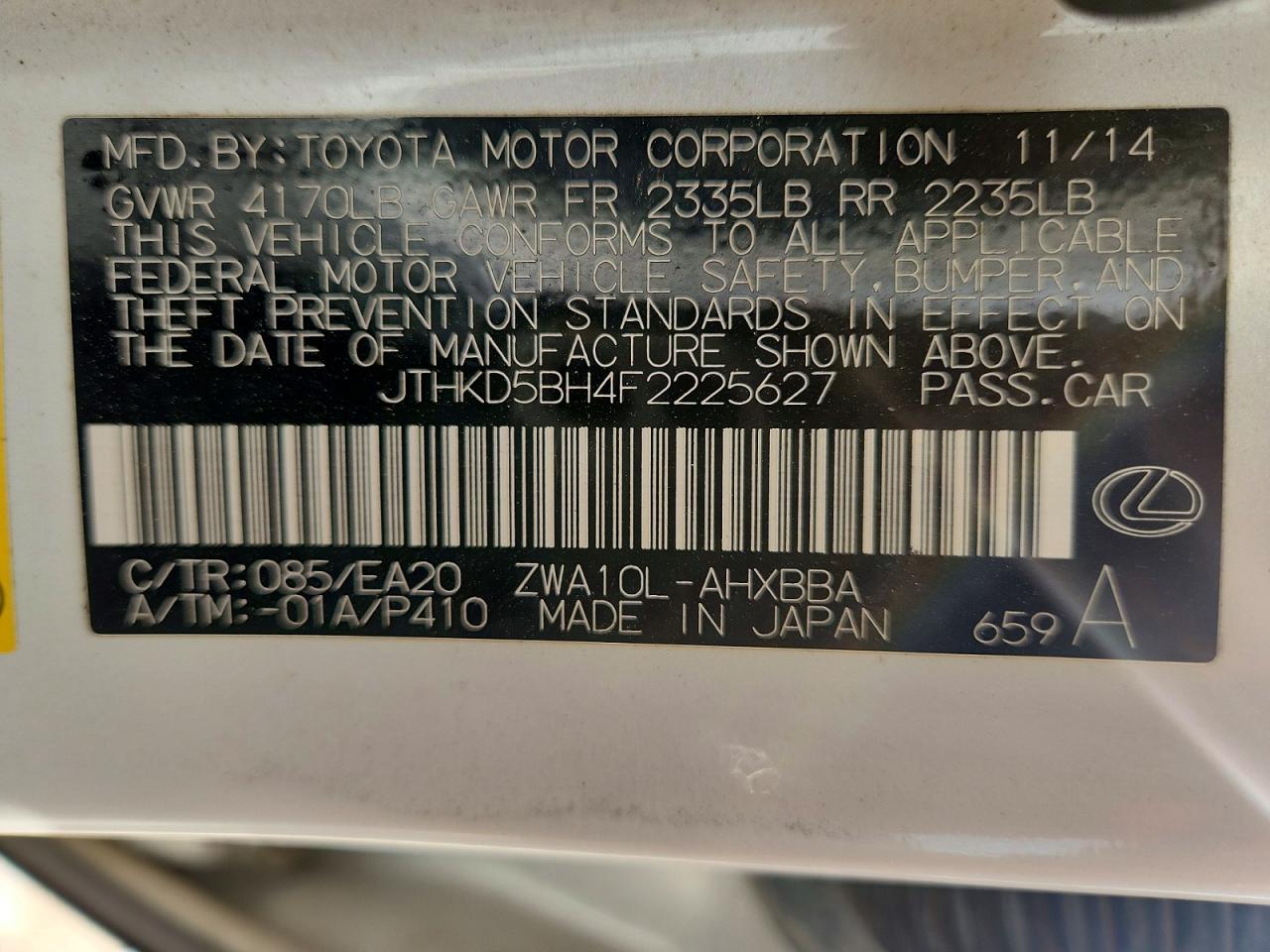 2015 Lexus Ct 200 White vin: JTHKD5BH4F2225627
