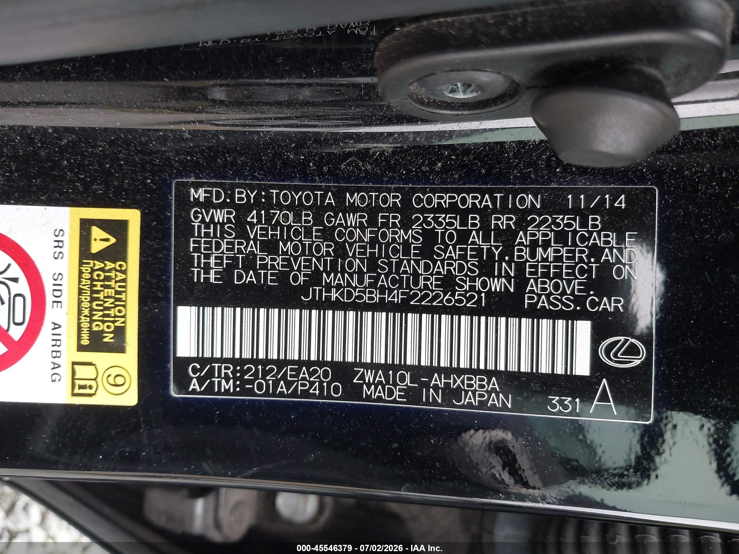 2015 Lexus Ct 200h   Black vin: JTHKD5BH4F2226521
