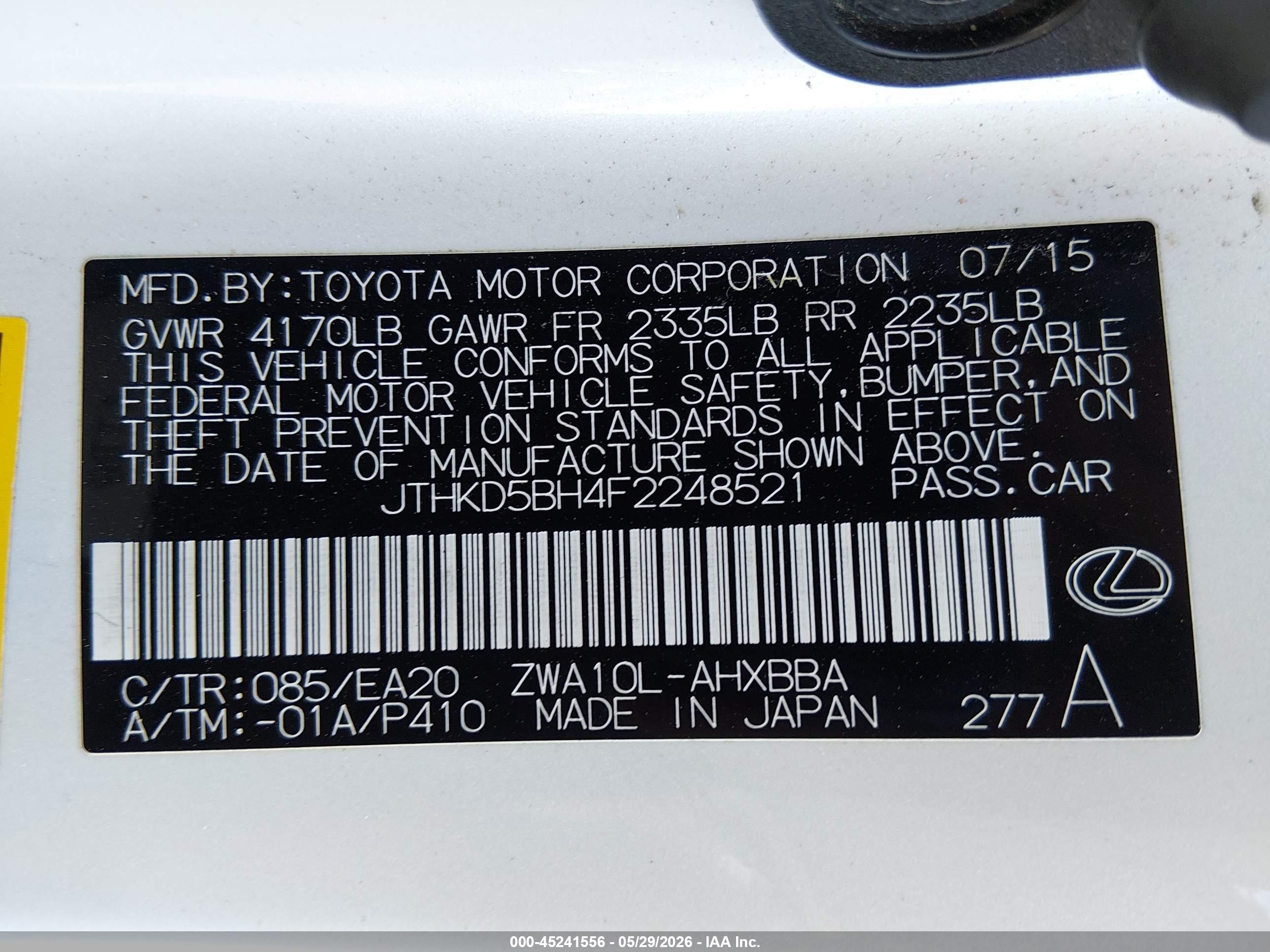 2015 Lexus Ct 200h   White vin: JTHKD5BH4F2248521