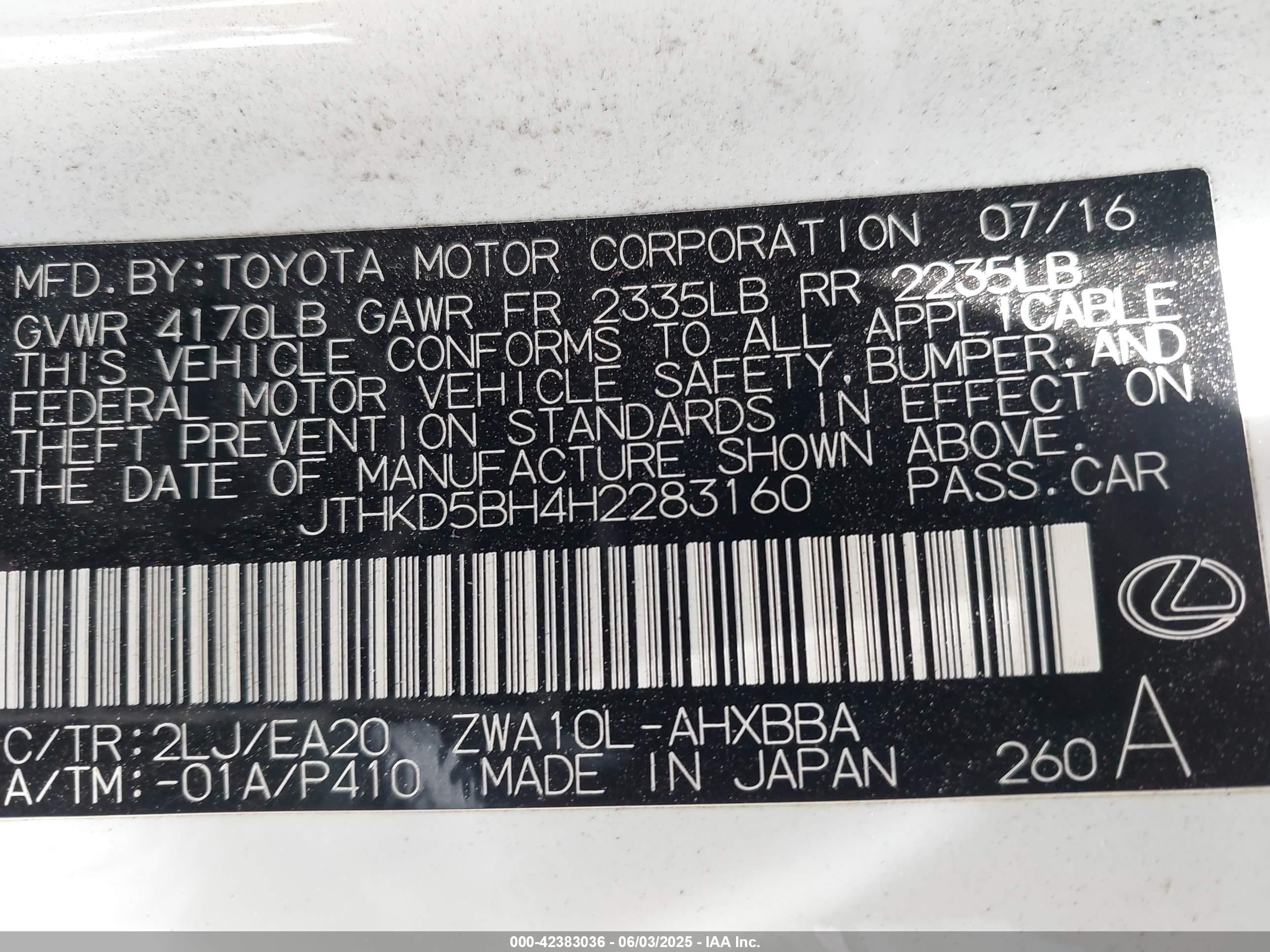 2017 Lexus Ct 200h   White vin: JTHKD5BH4H2283160