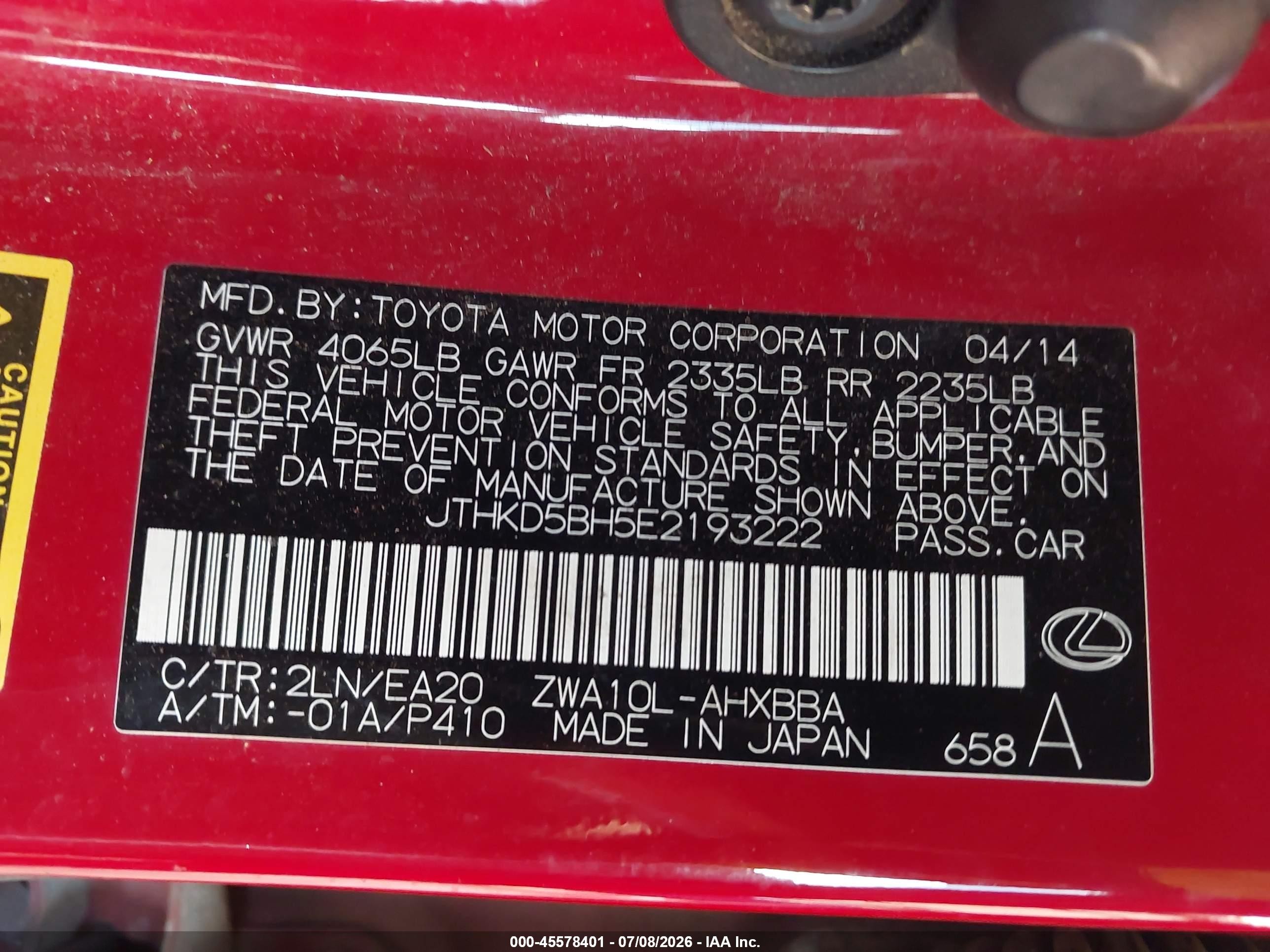 2014 Lexus Ct 200h   Red vin: JTHKD5BH5E2193222