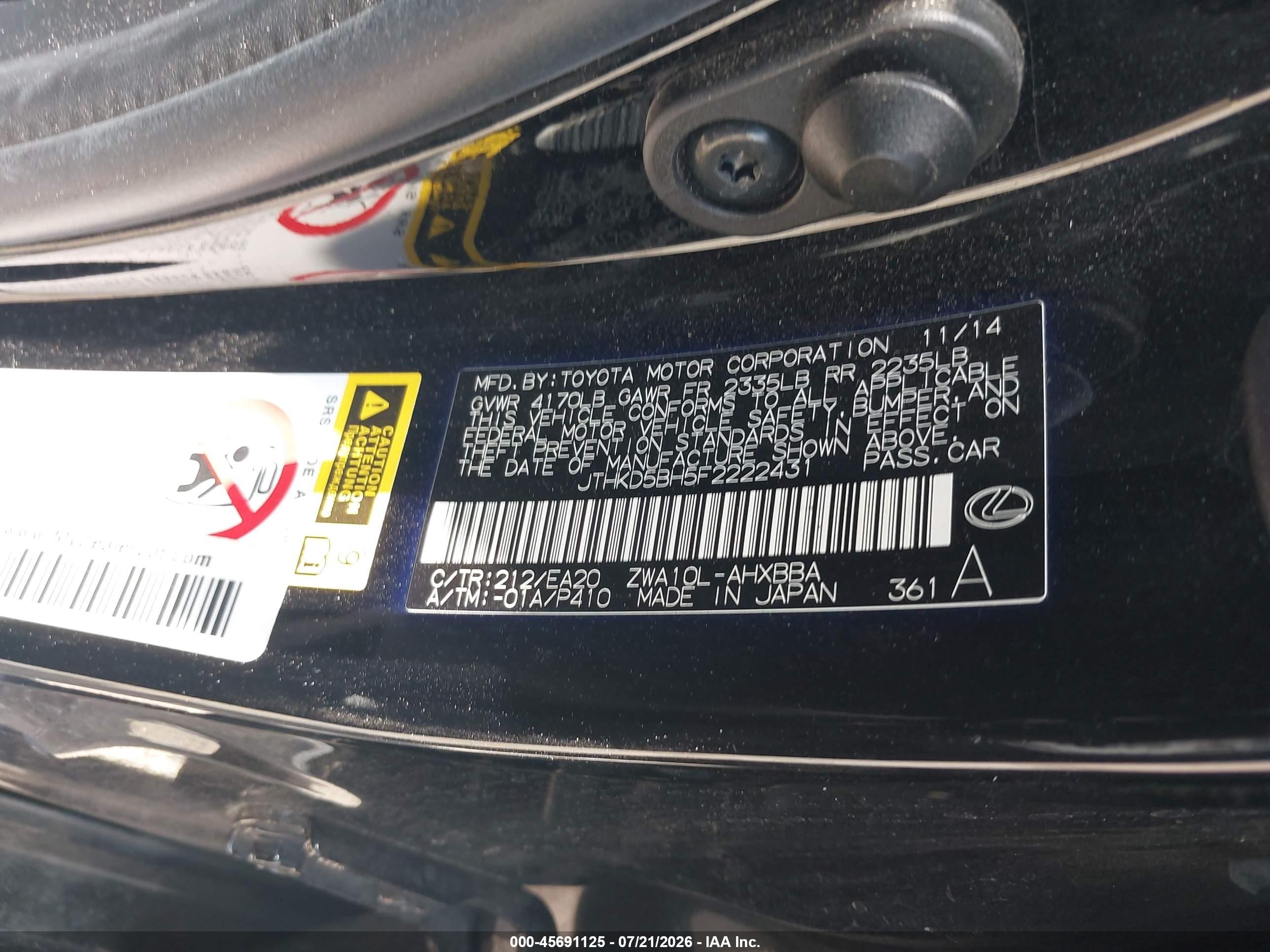 2015 Lexus Ct 200h   Black vin: JTHKD5BH5F2222431