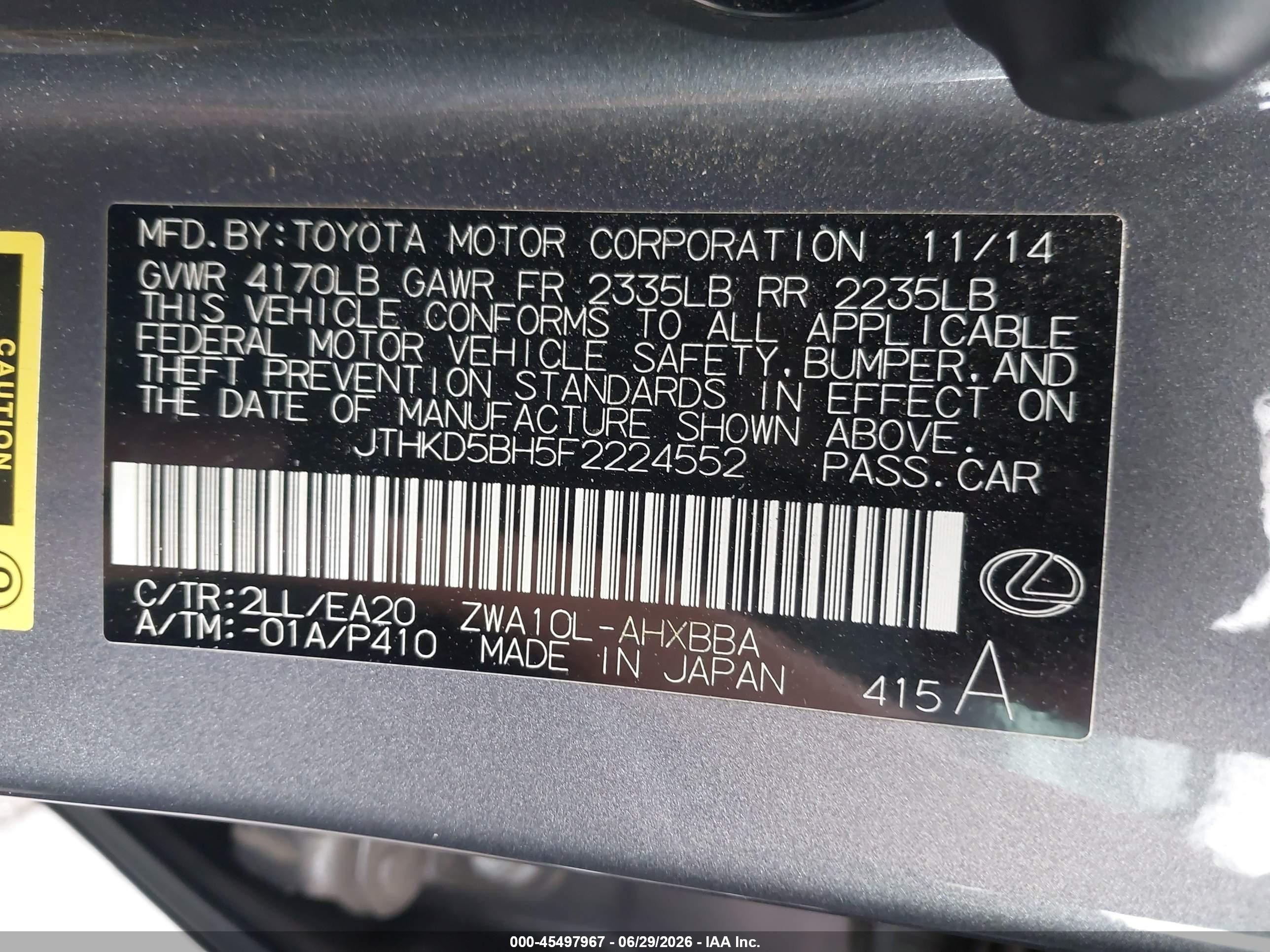 2015 Lexus Ct 200h   Gray vin: JTHKD5BH5F2224552