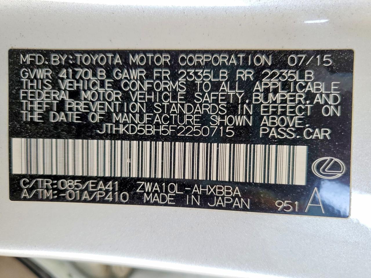 2015 Lexus Ct 200h Base White vin: JTHKD5BH5F2250715