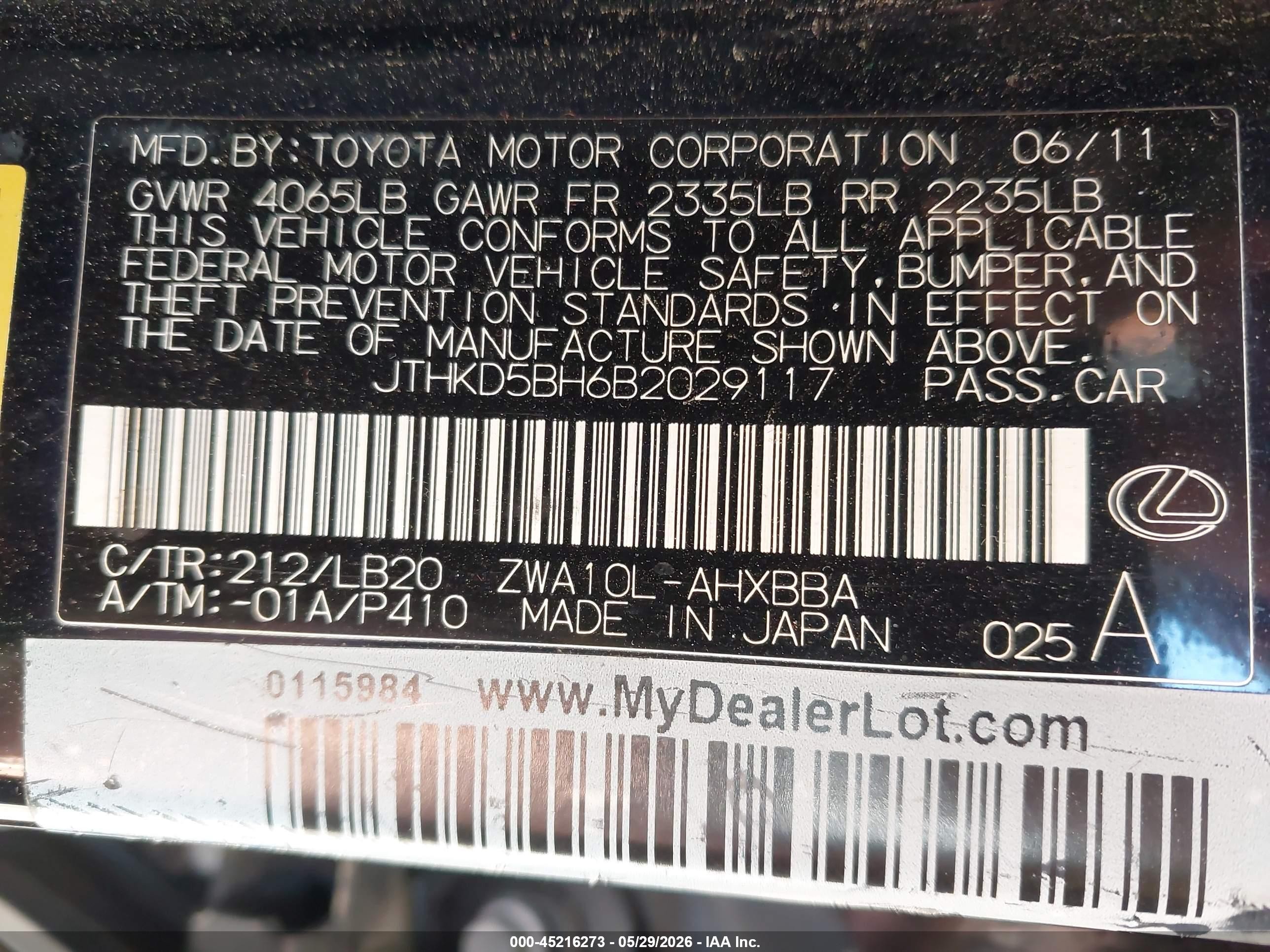 2011 Lexus Ct 200h Premium Black vin: JTHKD5BH6B2029117