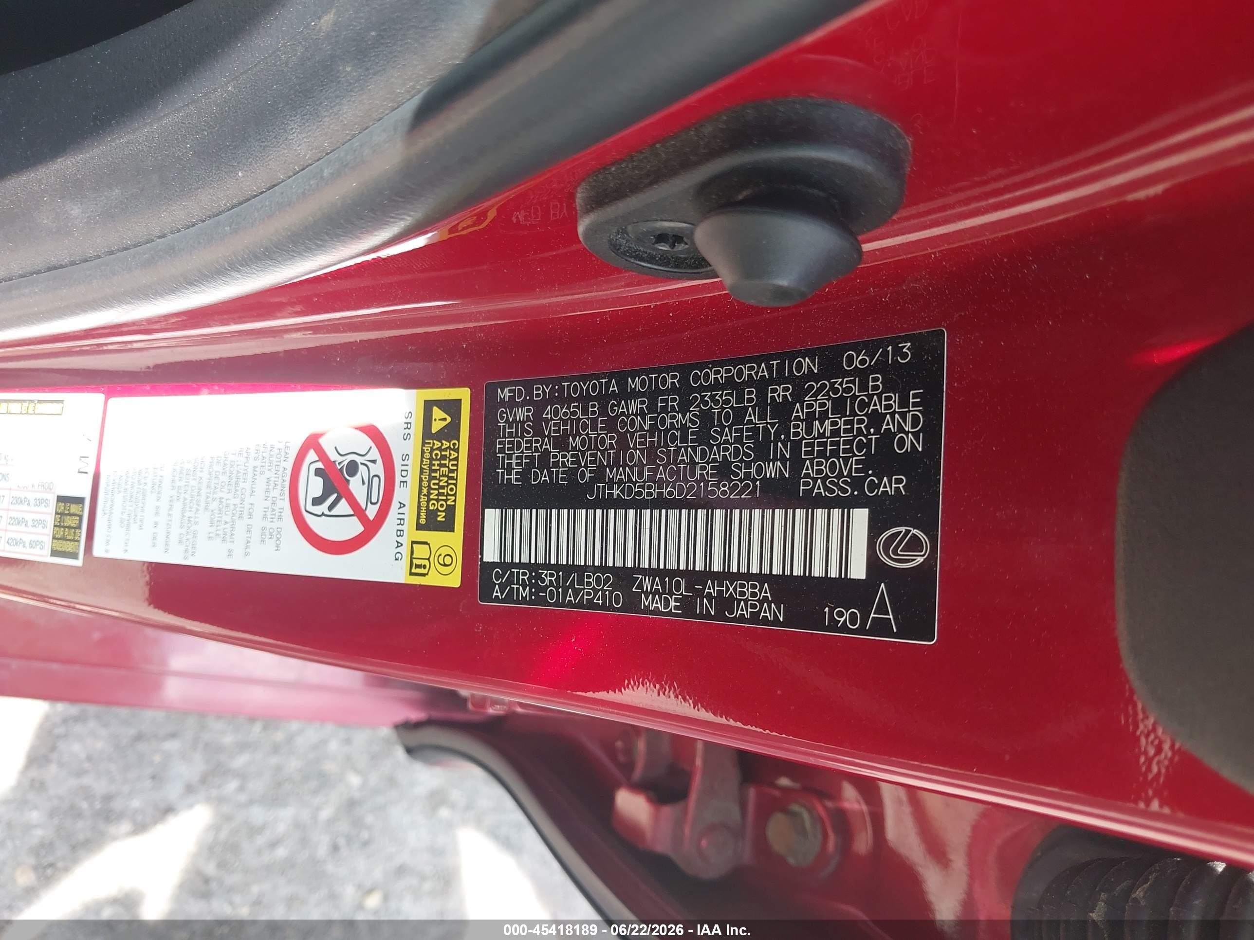 2013 Lexus Ct 200h   Red vin: JTHKD5BH6D2158221