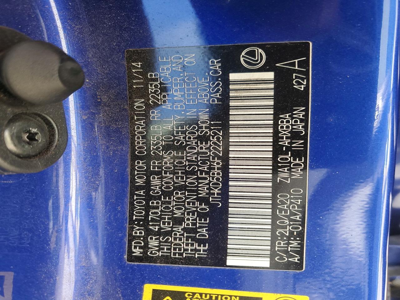 2015 Lexus Ct 200 Blue vin: JTHKD5BH6F2225211