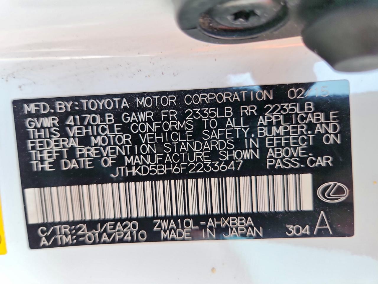 2015 Lexus Ct 200 White vin: JTHKD5BH6F2233647