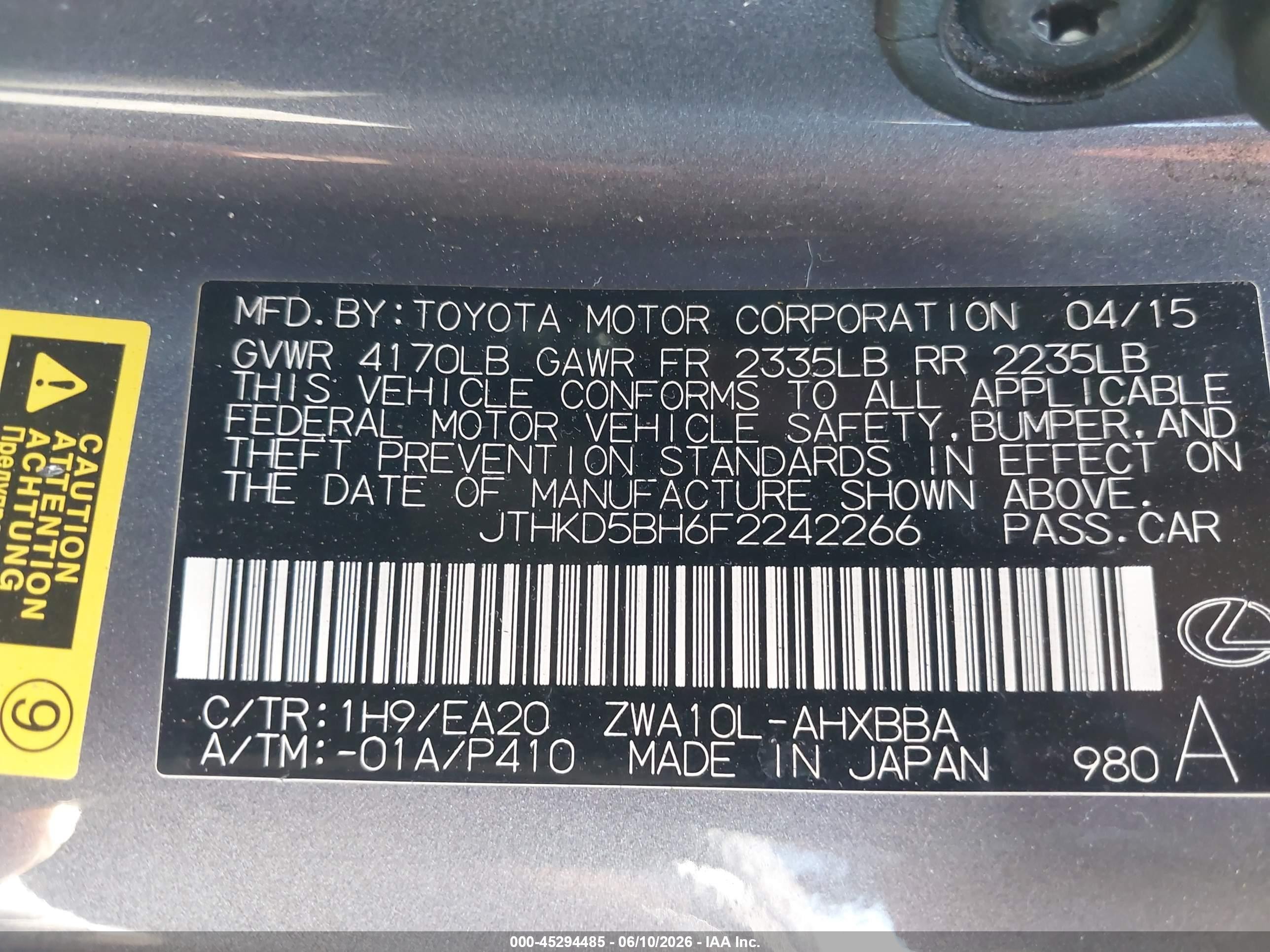 2015 Lexus Ct 200h   Gray vin: JTHKD5BH6F2242266