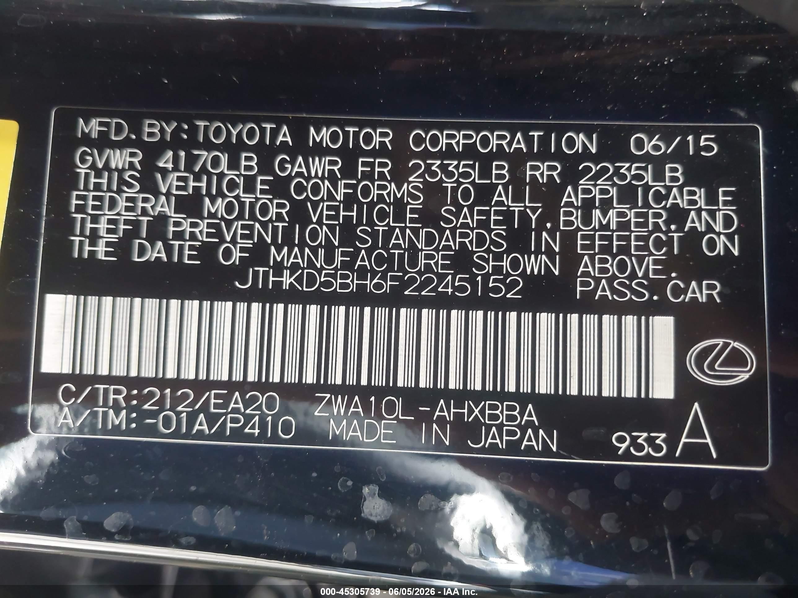 2015 Lexus Ct 200h   Black vin: JTHKD5BH6F2245152