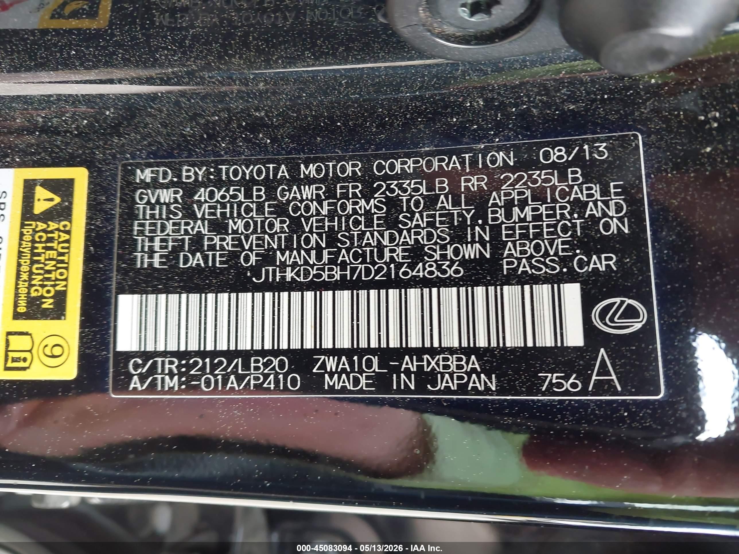 2013 Lexus Ct 200h Black vin: JTHKD5BH7D2164836