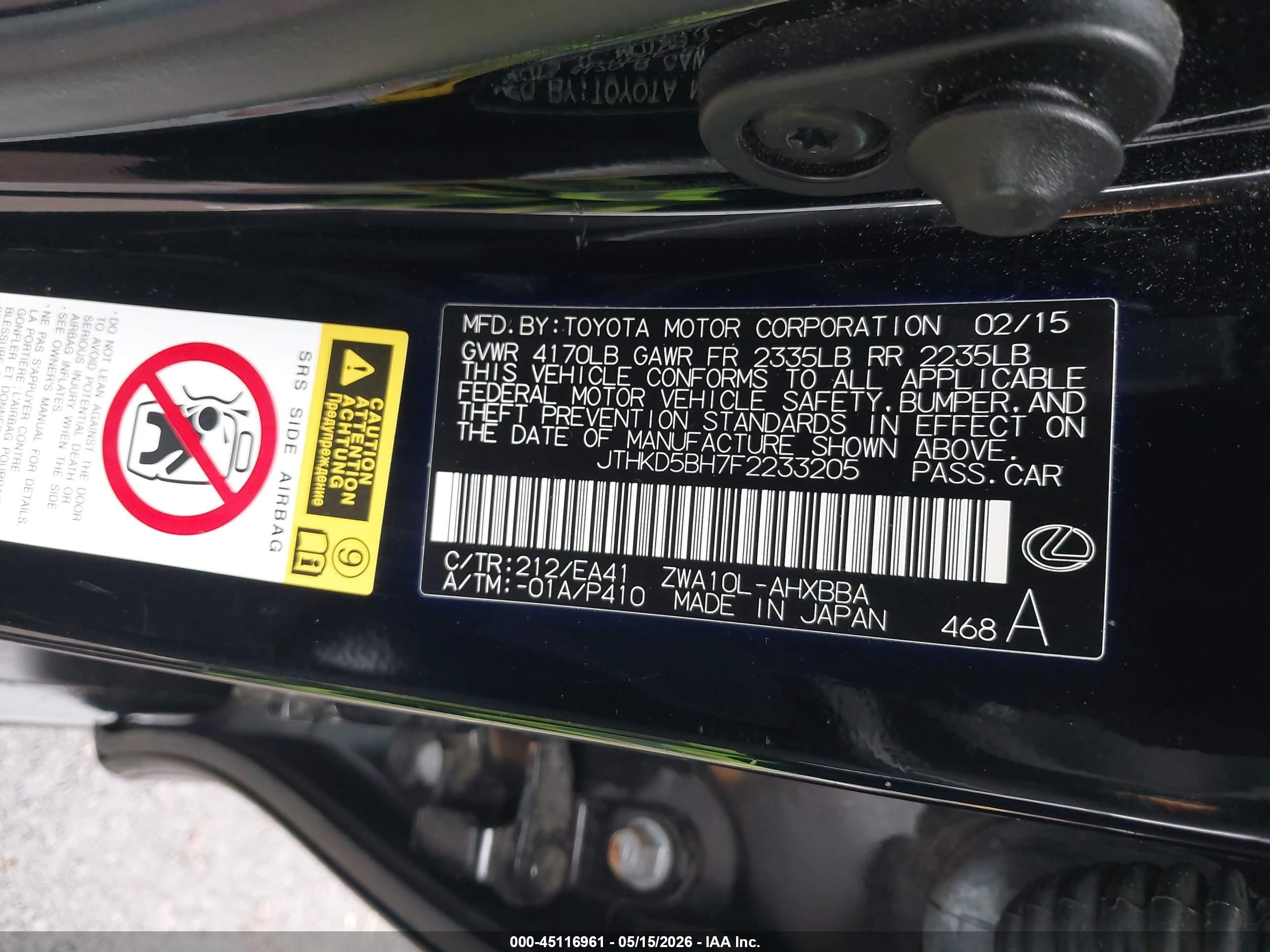 2015 Lexus Ct 200h Black vin: JTHKD5BH7F2233205