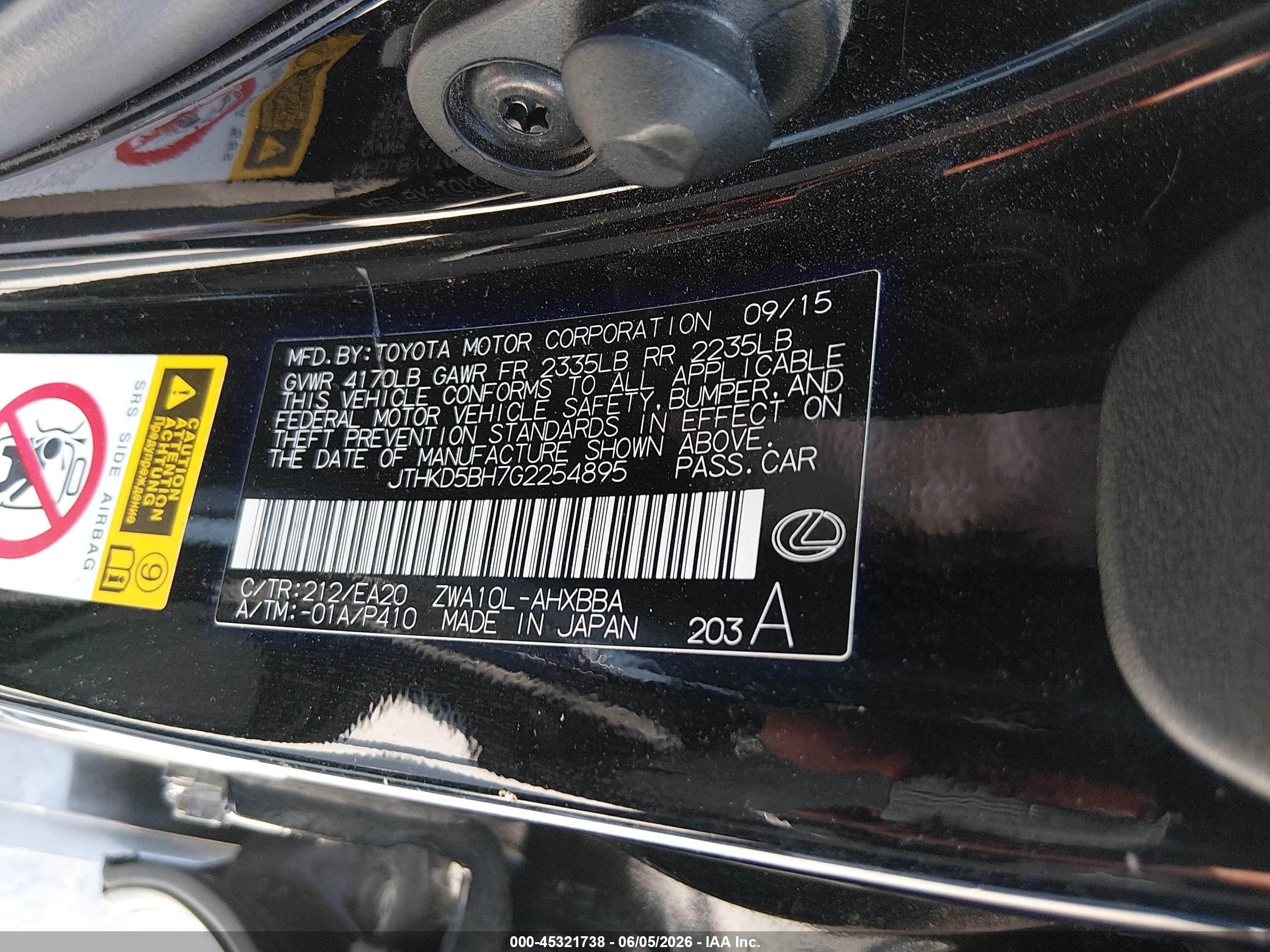 2016 Lexus Ct 200h   Black vin: JTHKD5BH7G2254895