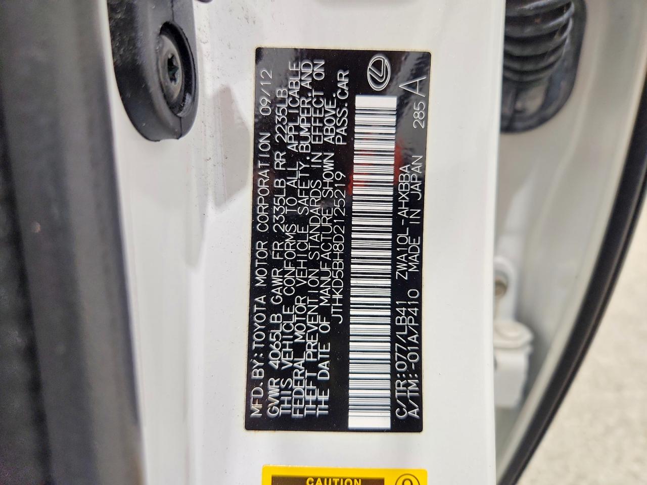 2013 Lexus Ct 200 White vin: JTHKD5BH8D2125219