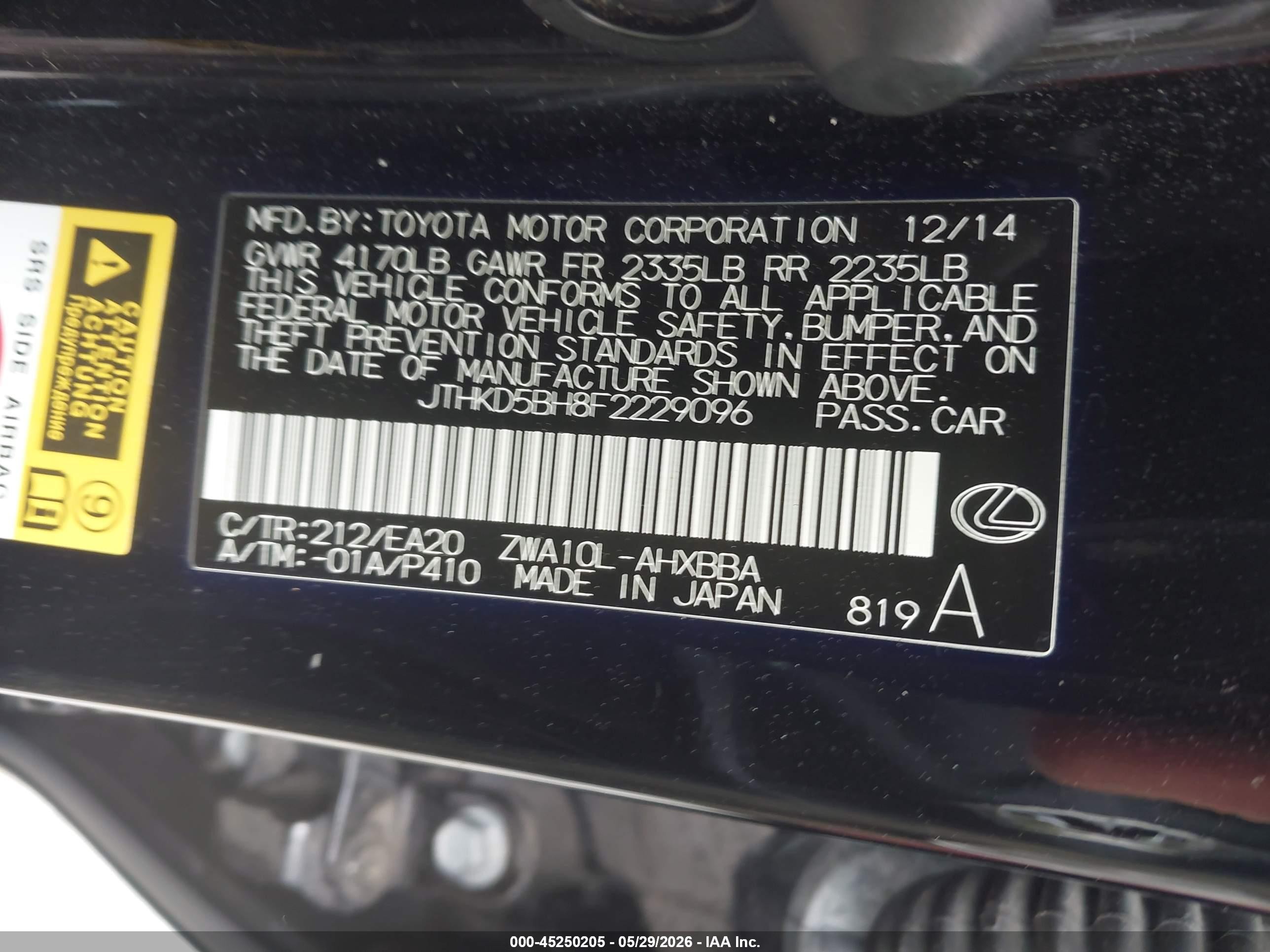 2015 Lexus Ct 200h   Black vin: JTHKD5BH8F2229096