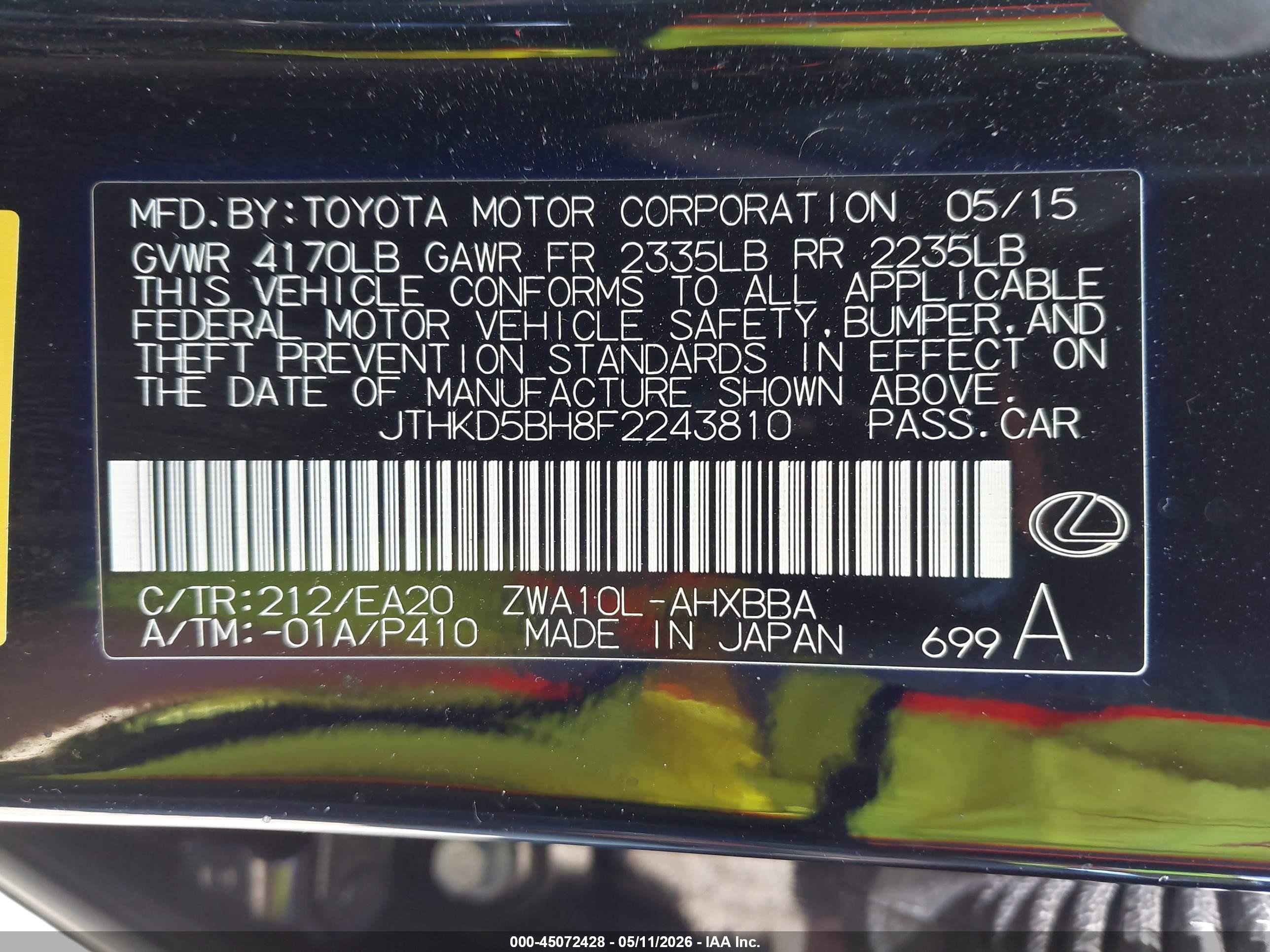 2015 Lexus Ct 200h Black vin: JTHKD5BH8F2243810