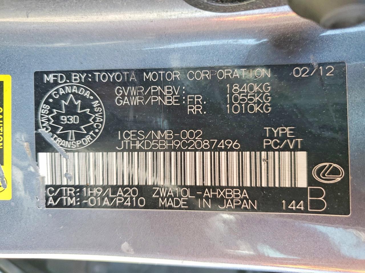 2012 Lexus Ct 200h Base Gray vin: JTHKD5BH9C2087496