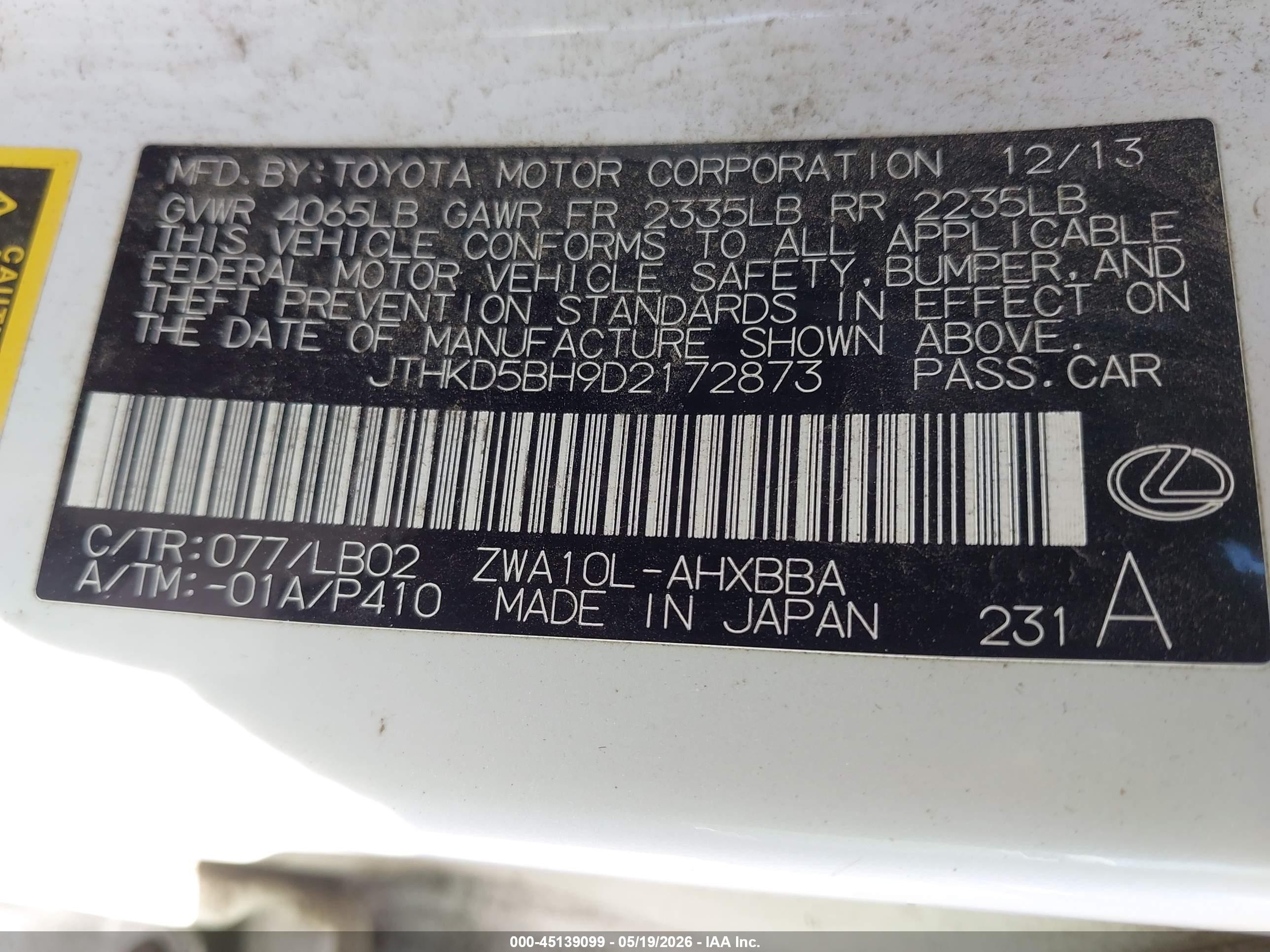 2013 Lexus Ct 200h   White vin: JTHKD5BH9D2172873