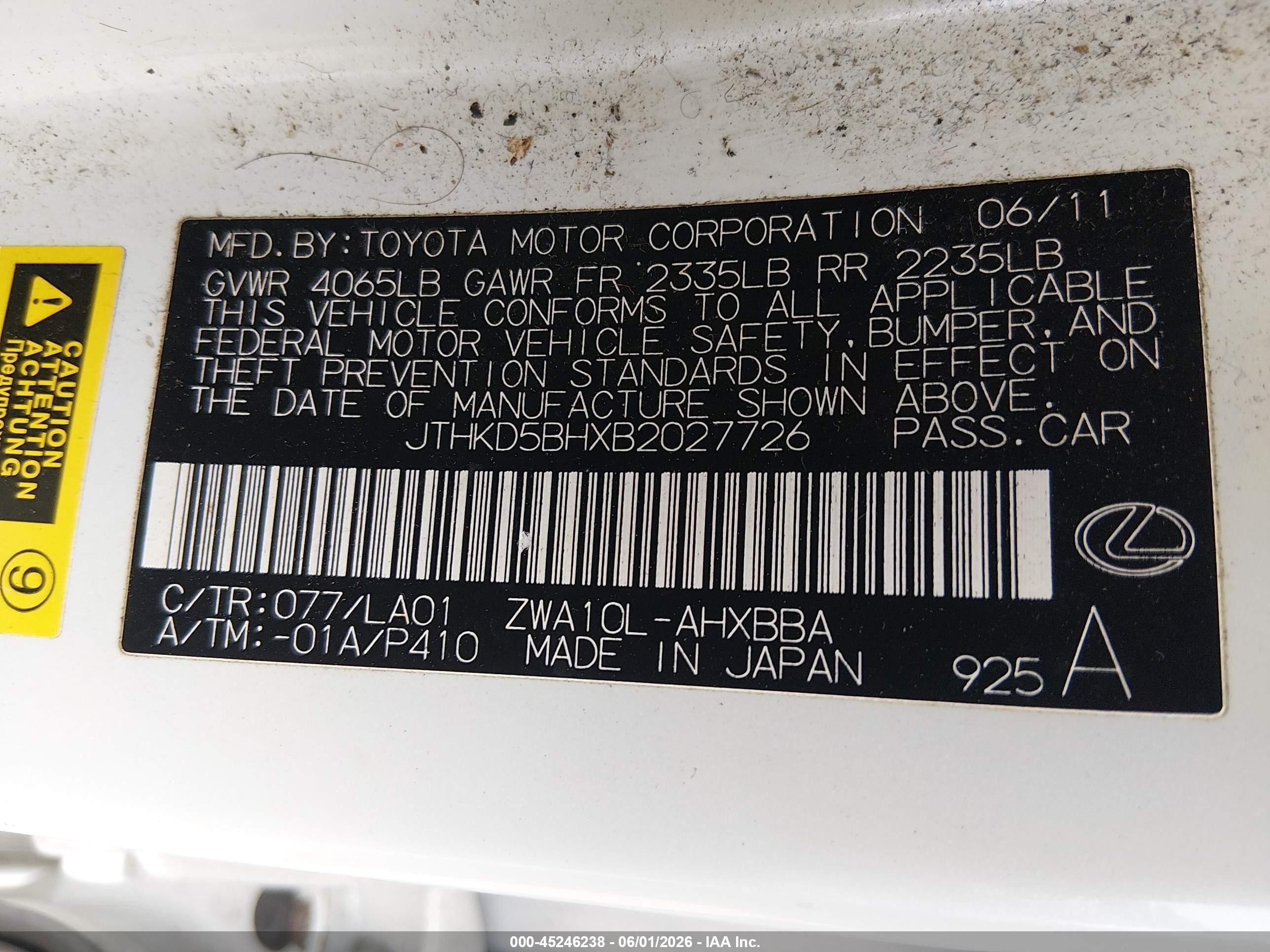 2011 Lexus Ct 200h Premium White vin: JTHKD5BHXB2027726