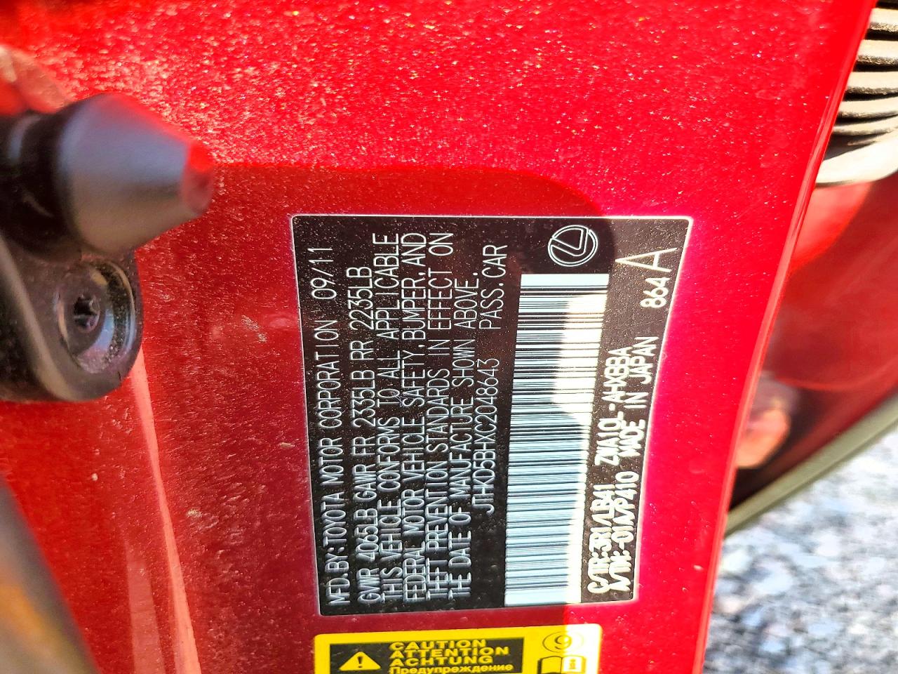 2012 Lexus Ct 200 Red vin: JTHKD5BHXC2048643