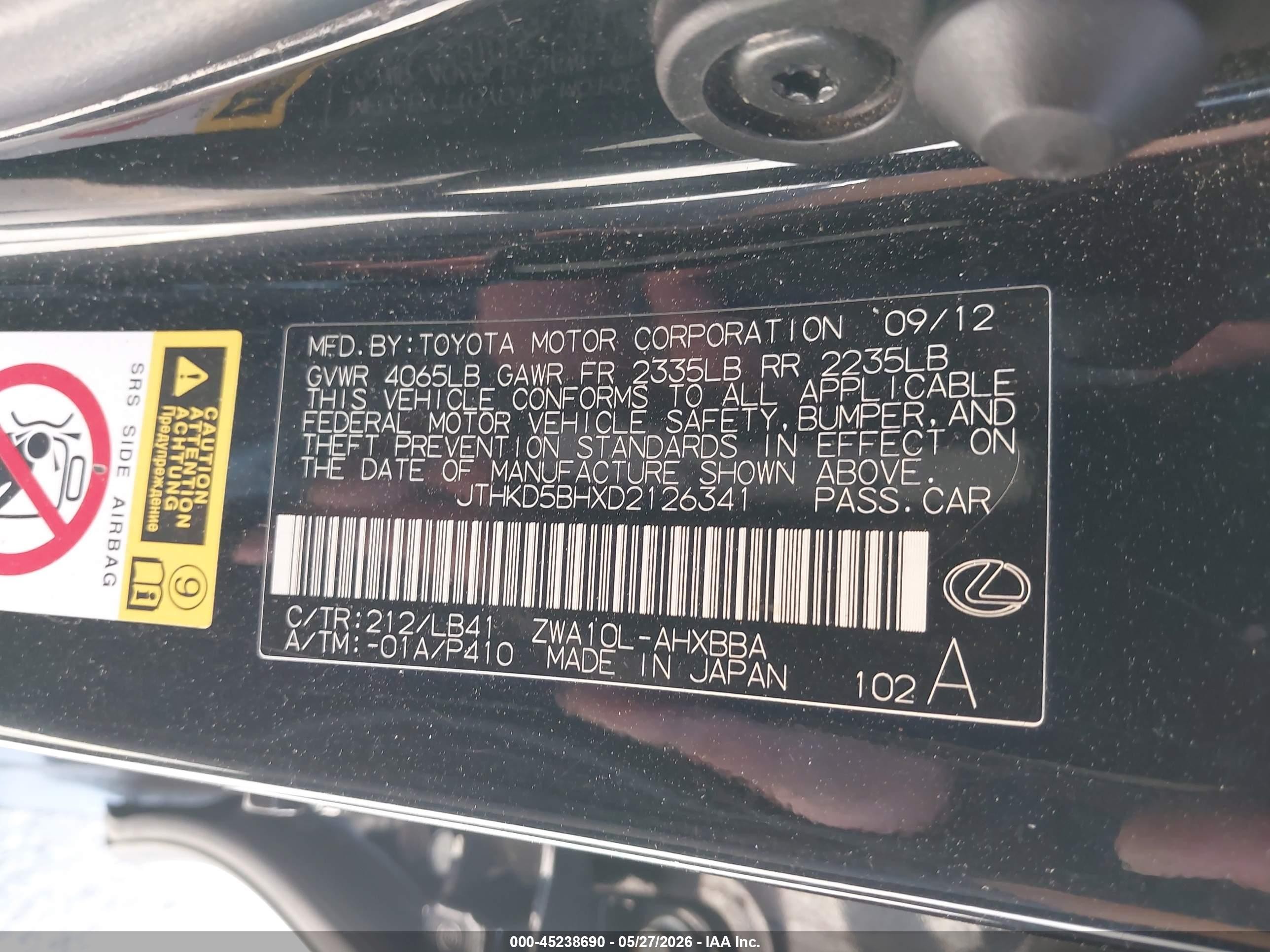 2013 Lexus Ct 200h   Black vin: JTHKD5BHXD2126341