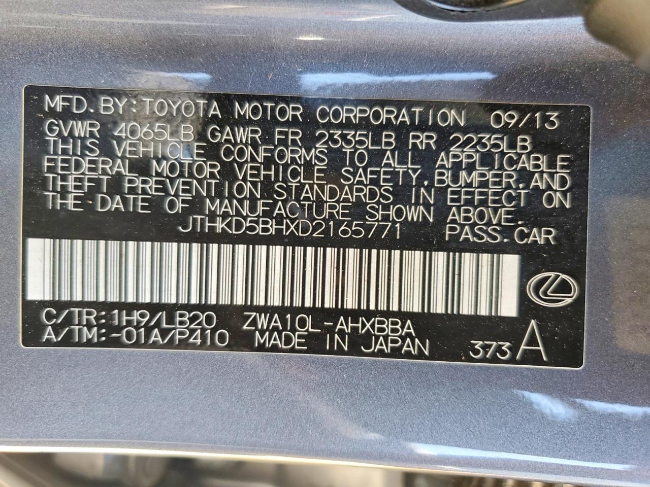 2013 Lexus Ct 200 Gray vin: JTHKD5BHXD2165771