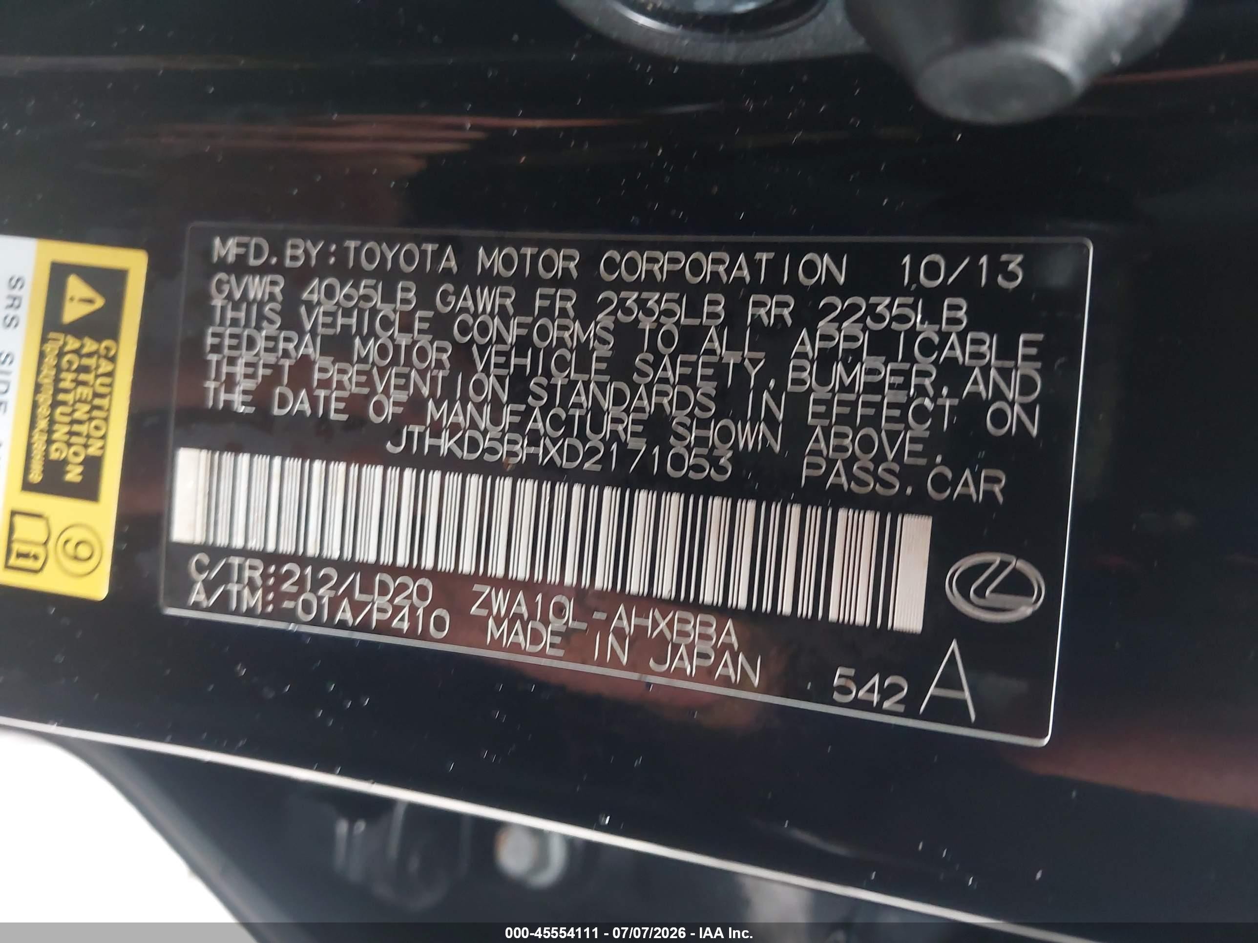 2013 Lexus Ct 200h   Black vin: JTHKD5BHXD2171053
