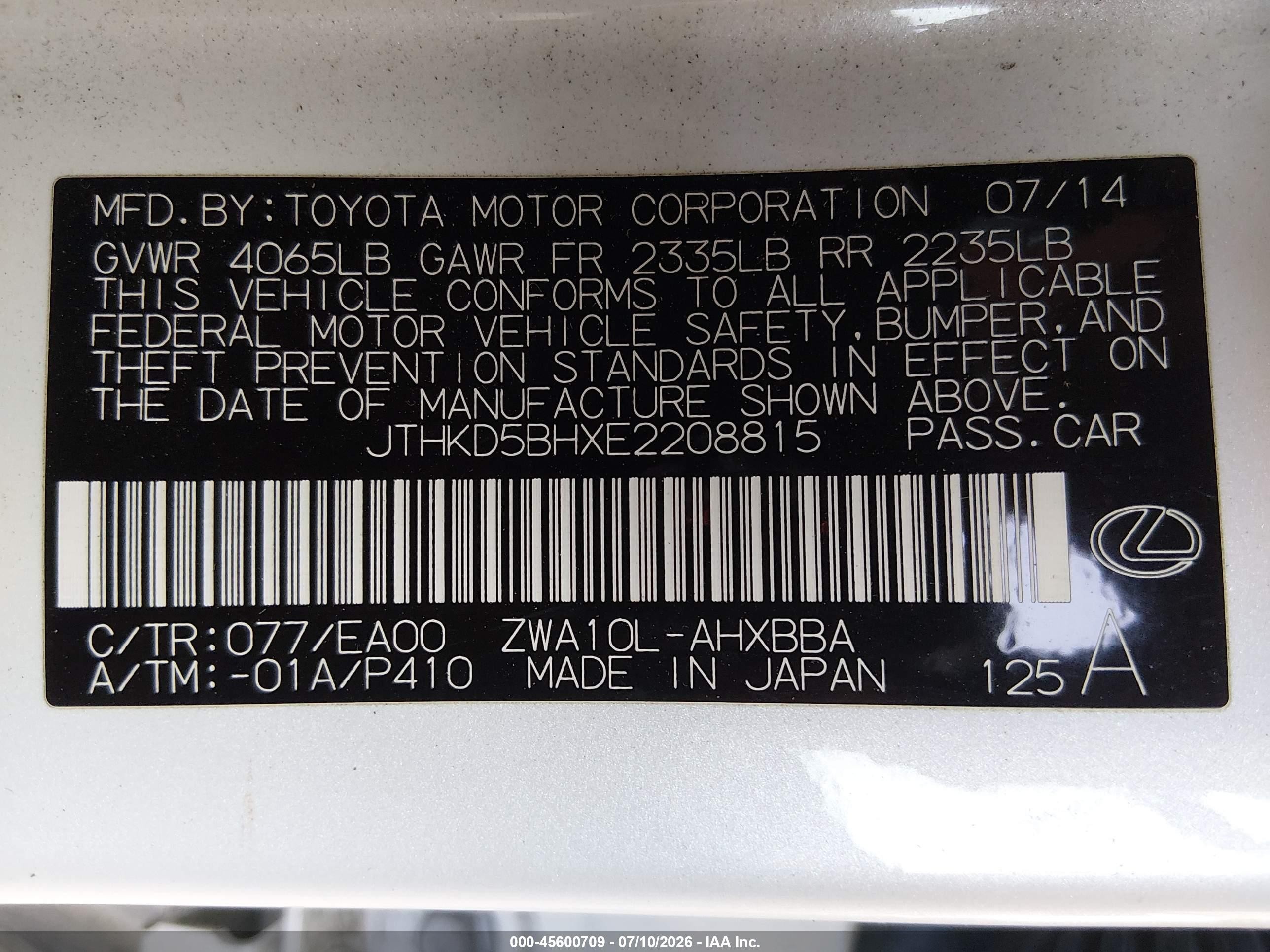 2014 Lexus Ct 200h   White vin: JTHKD5BHXE2208815