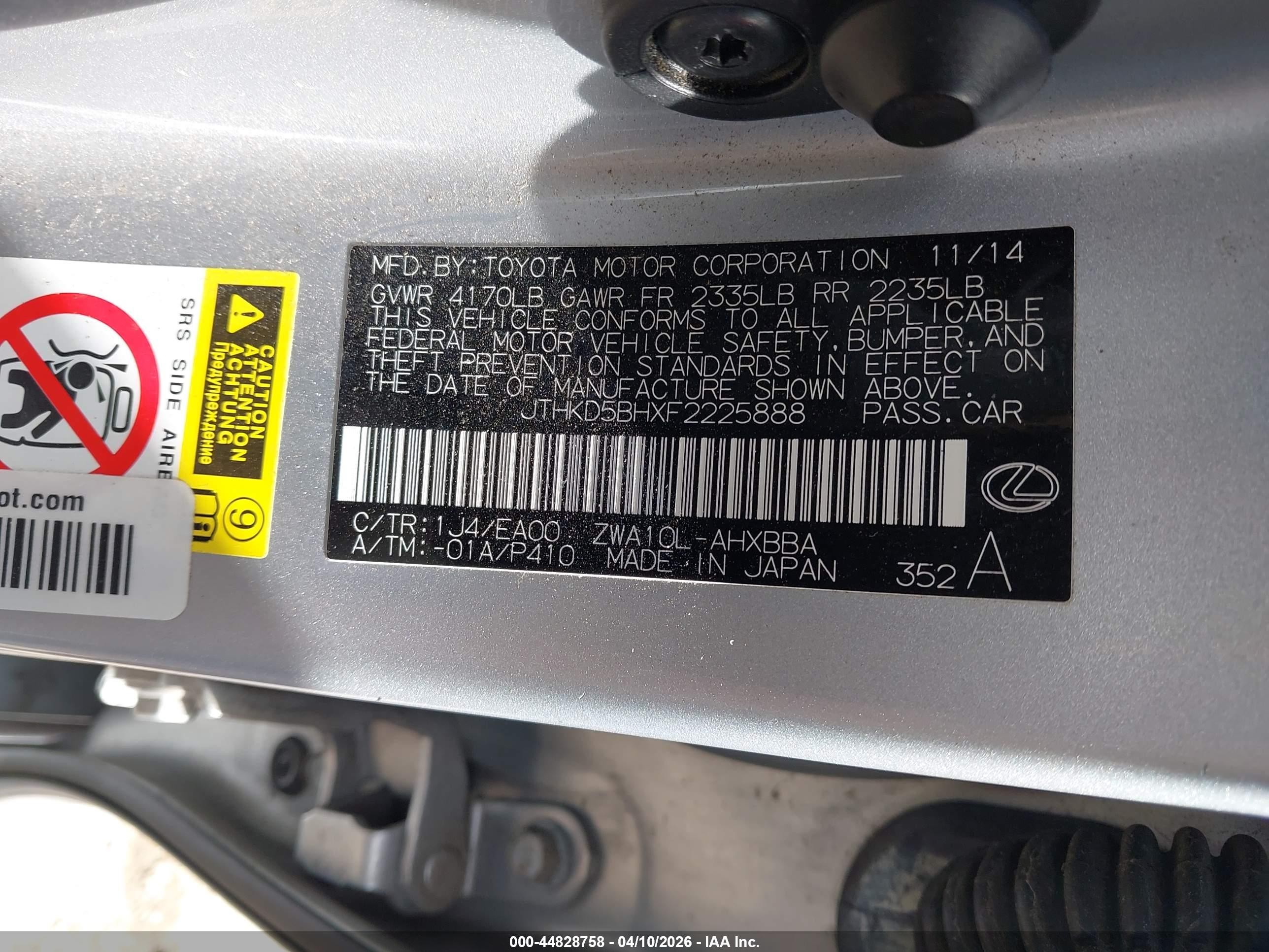 2015 Lexus Ct 200h Silver vin: JTHKD5BHXF2225888