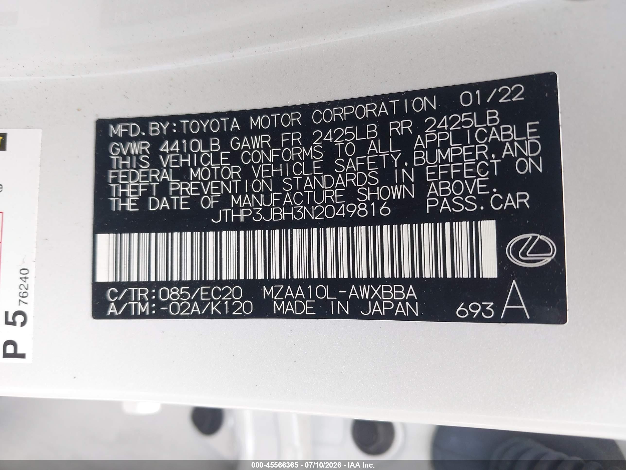 2022 Lexus Ux 200 White vin: JTHP3JBH3N2049816