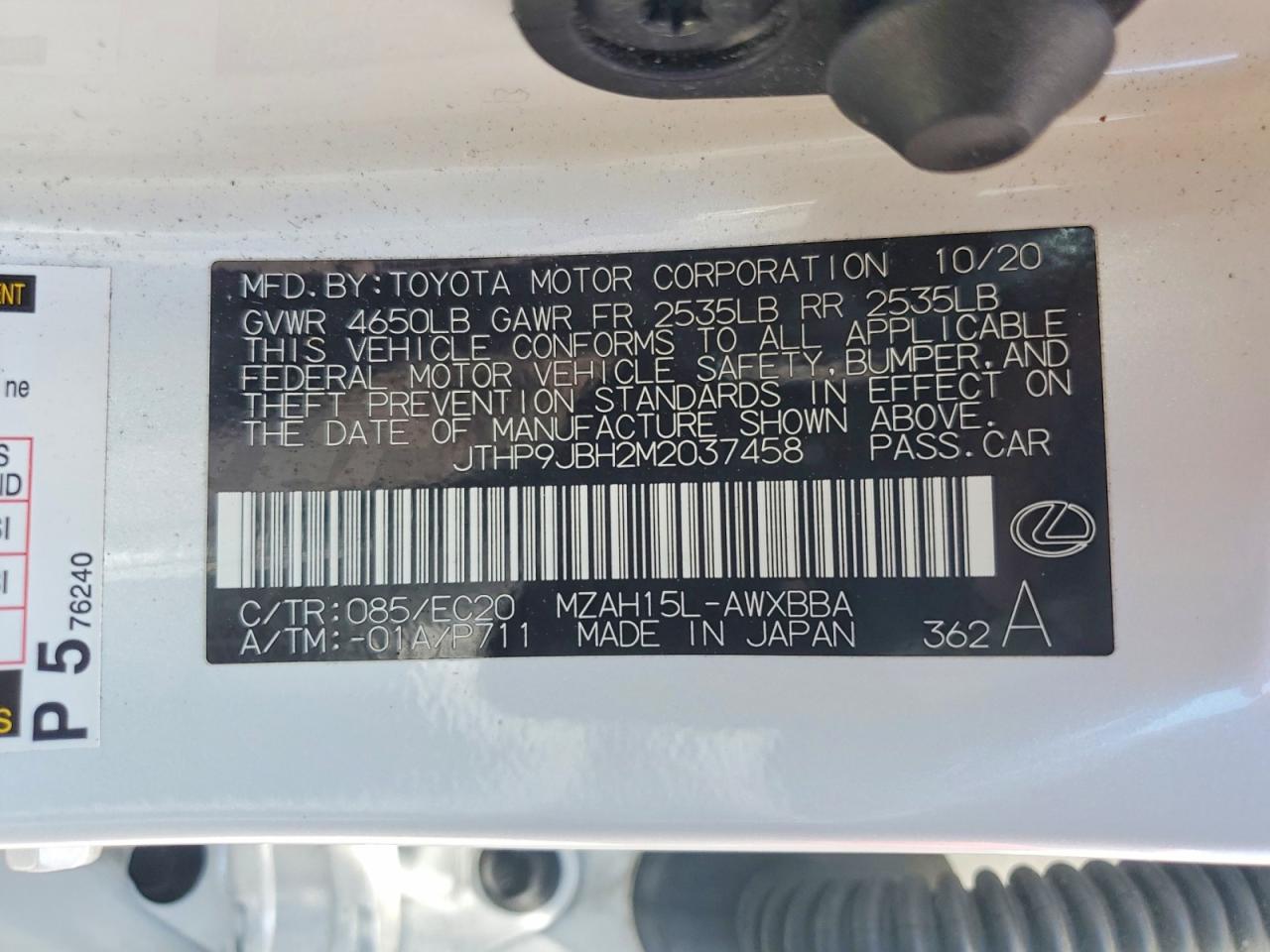 2021 Lexus Ux 250h White vin: JTHP9JBH2M2037458