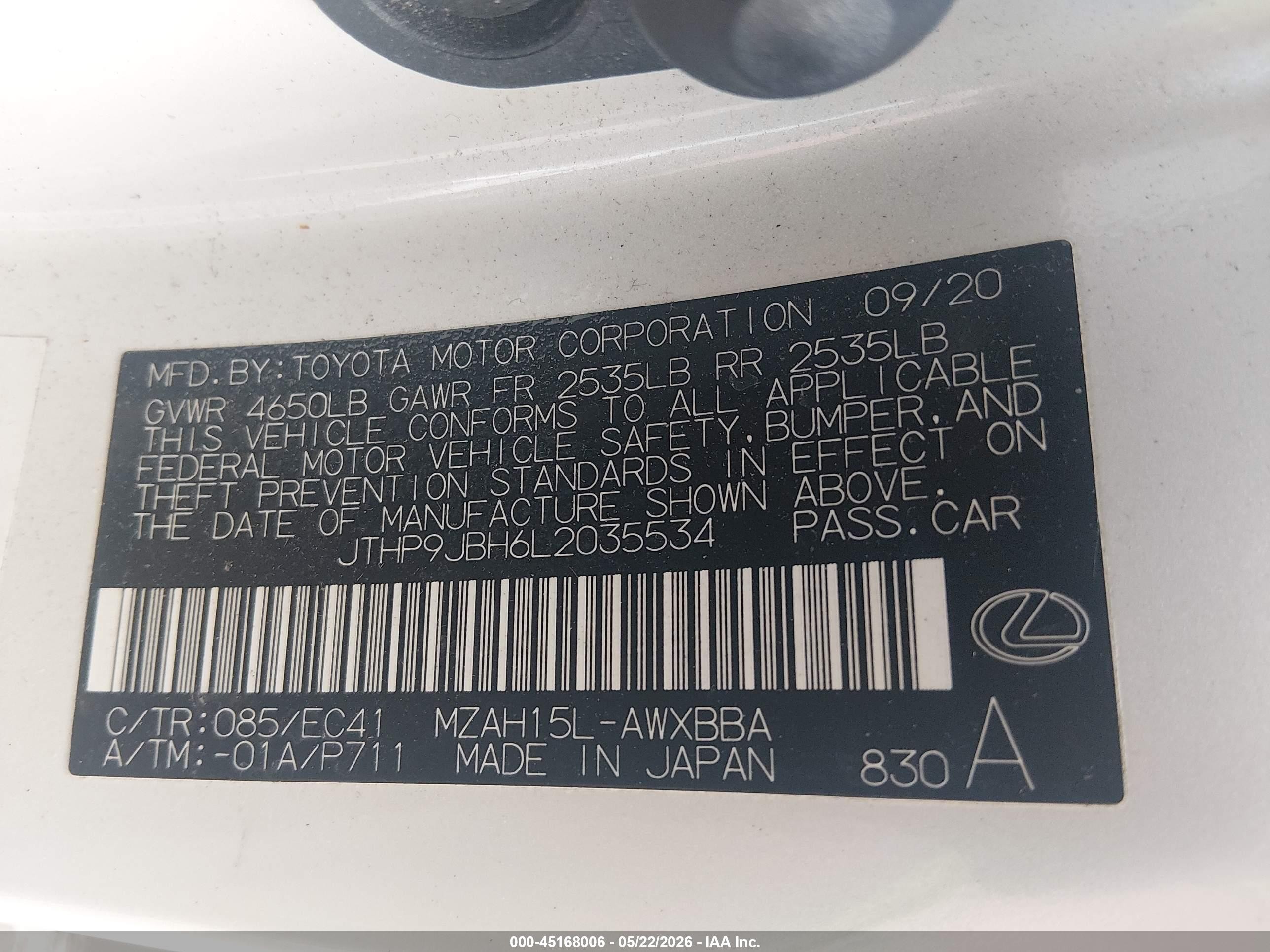 2020 Lexus Ux 250h White vin: JTHP9JBH6L2035534