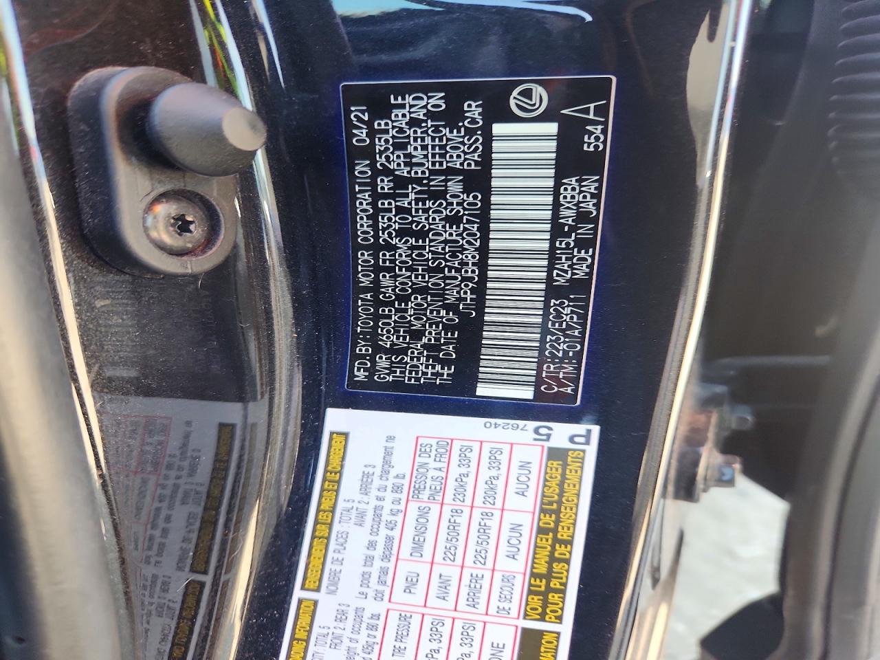 2021 Lexus Ux 250h Black vin: JTHP9JBH8M2047105