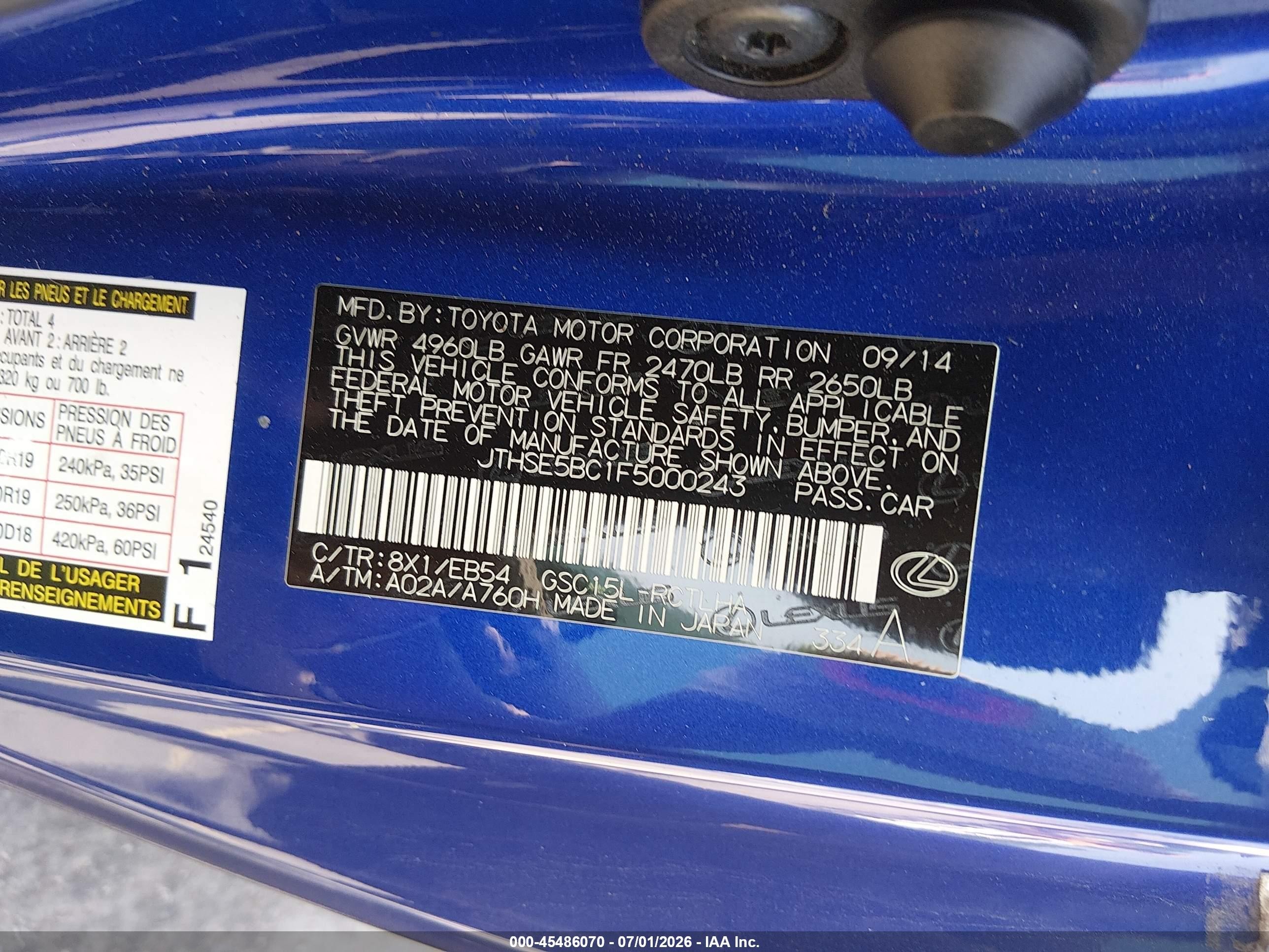 2015 Lexus Rc 350   Blue vin: JTHSE5BC1F5000243