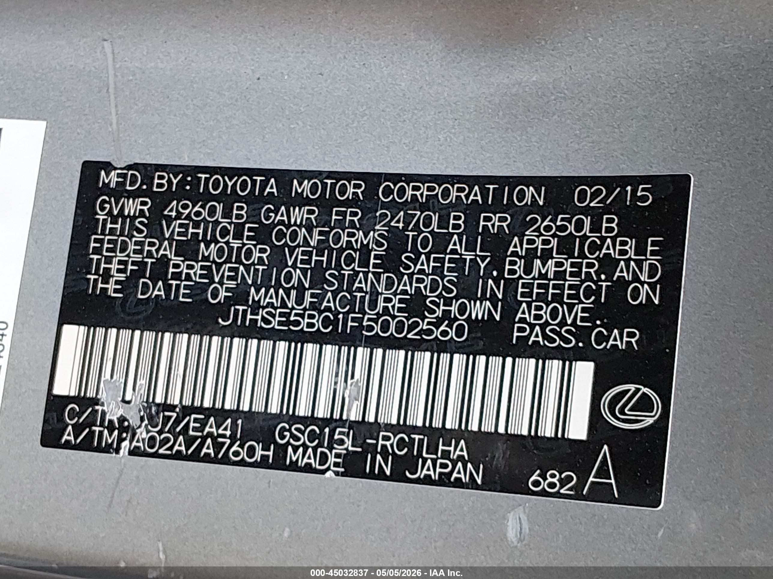 2015 Lexus Rc 350 Gray vin: JTHSE5BC1F5002560