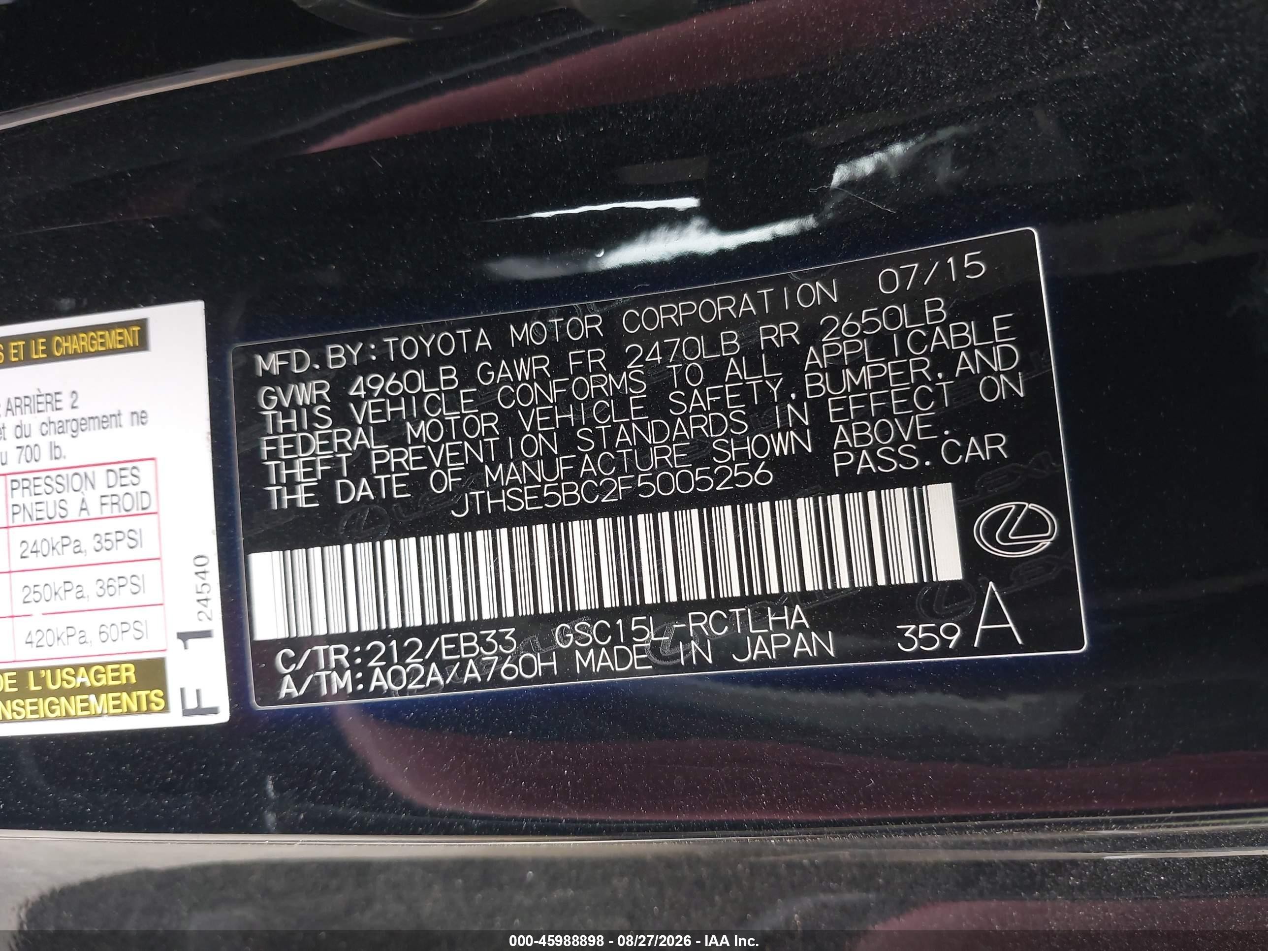 2015 Lexus Rc 350   Black vin: JTHSE5BC2F5005256