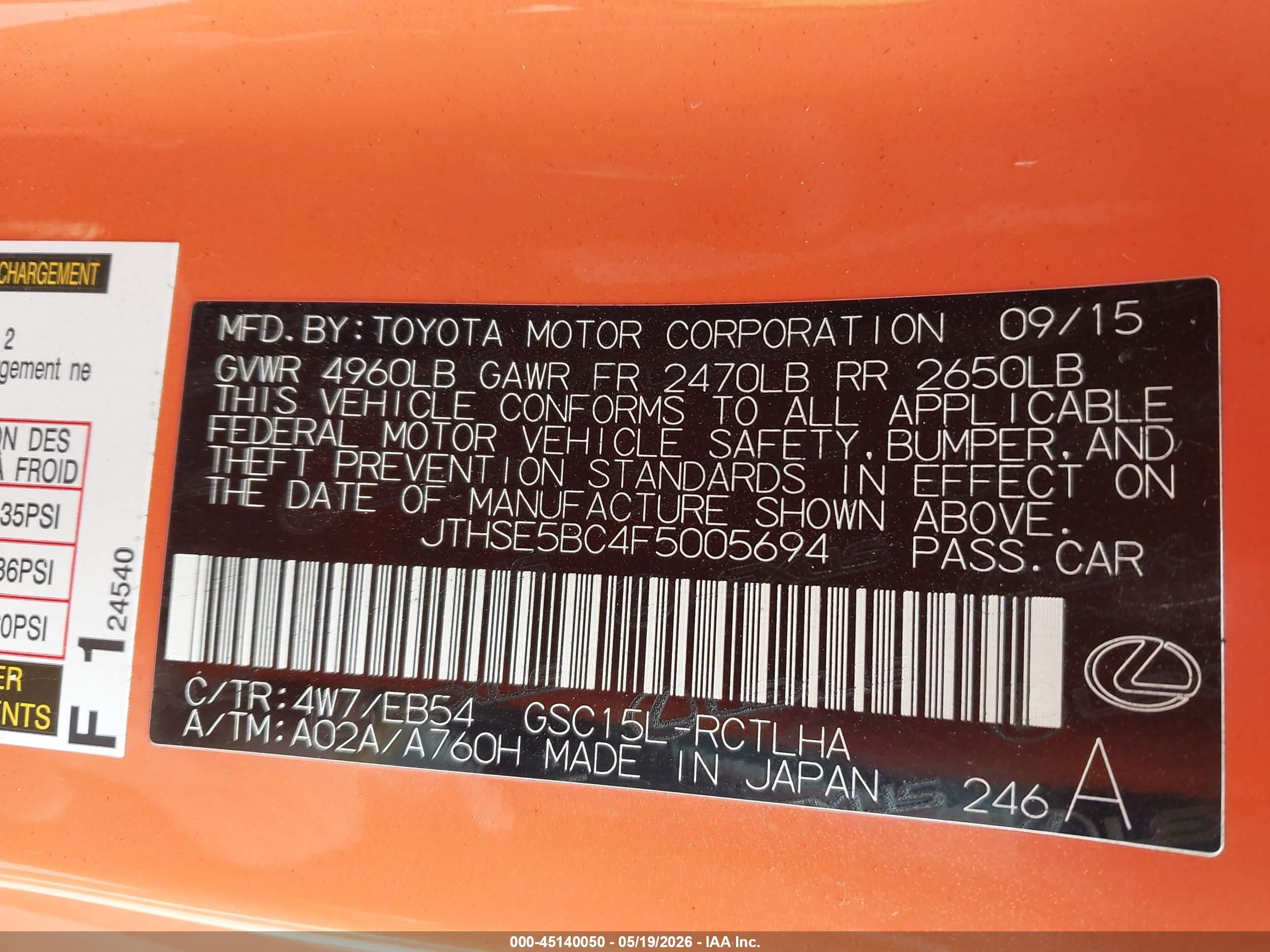 2015 Lexus Rc 350 Orange vin: JTHSE5BC4F5005694