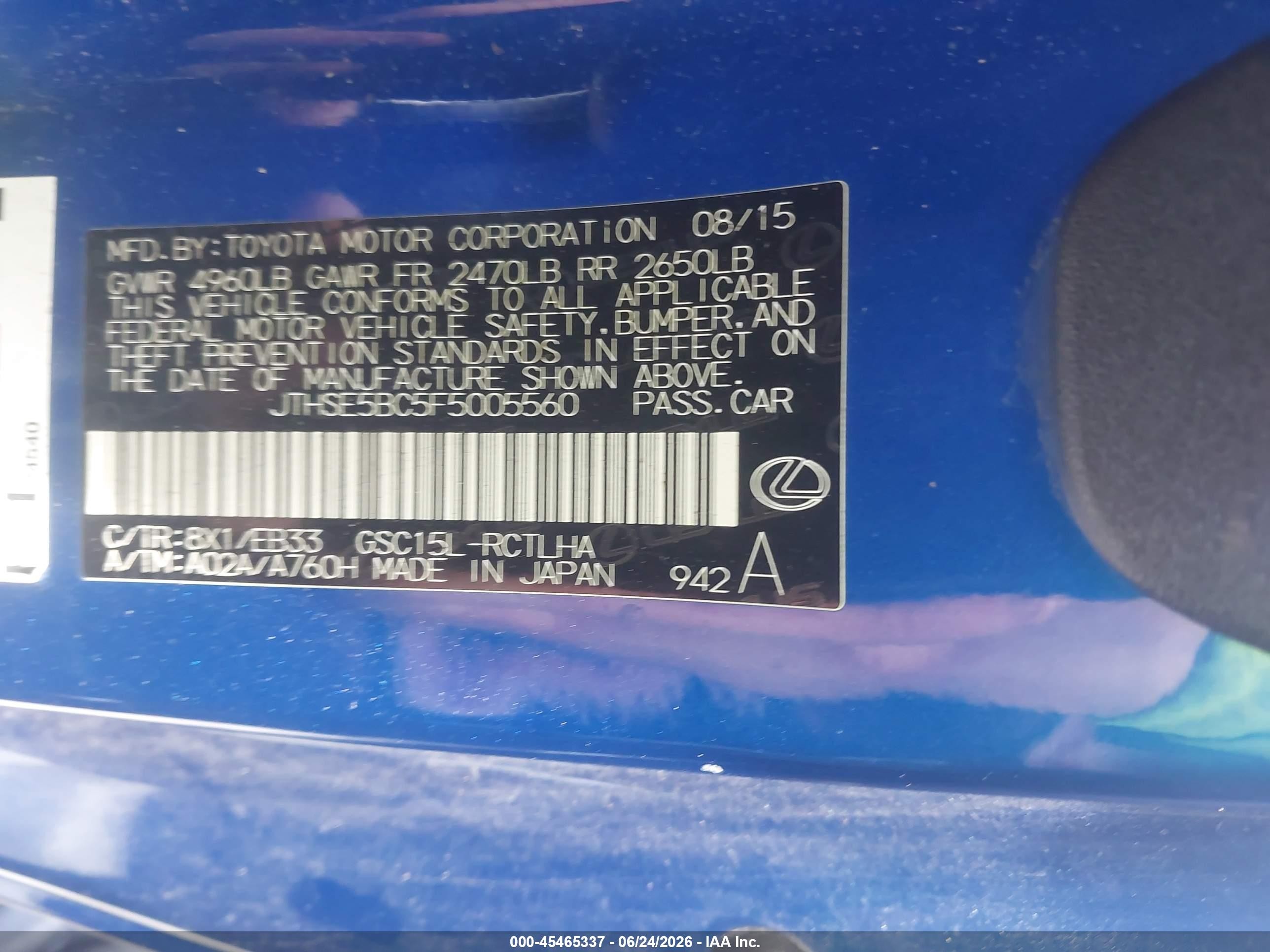 2015 Lexus Rc 350 Blue vin: JTHSE5BC5F5005560