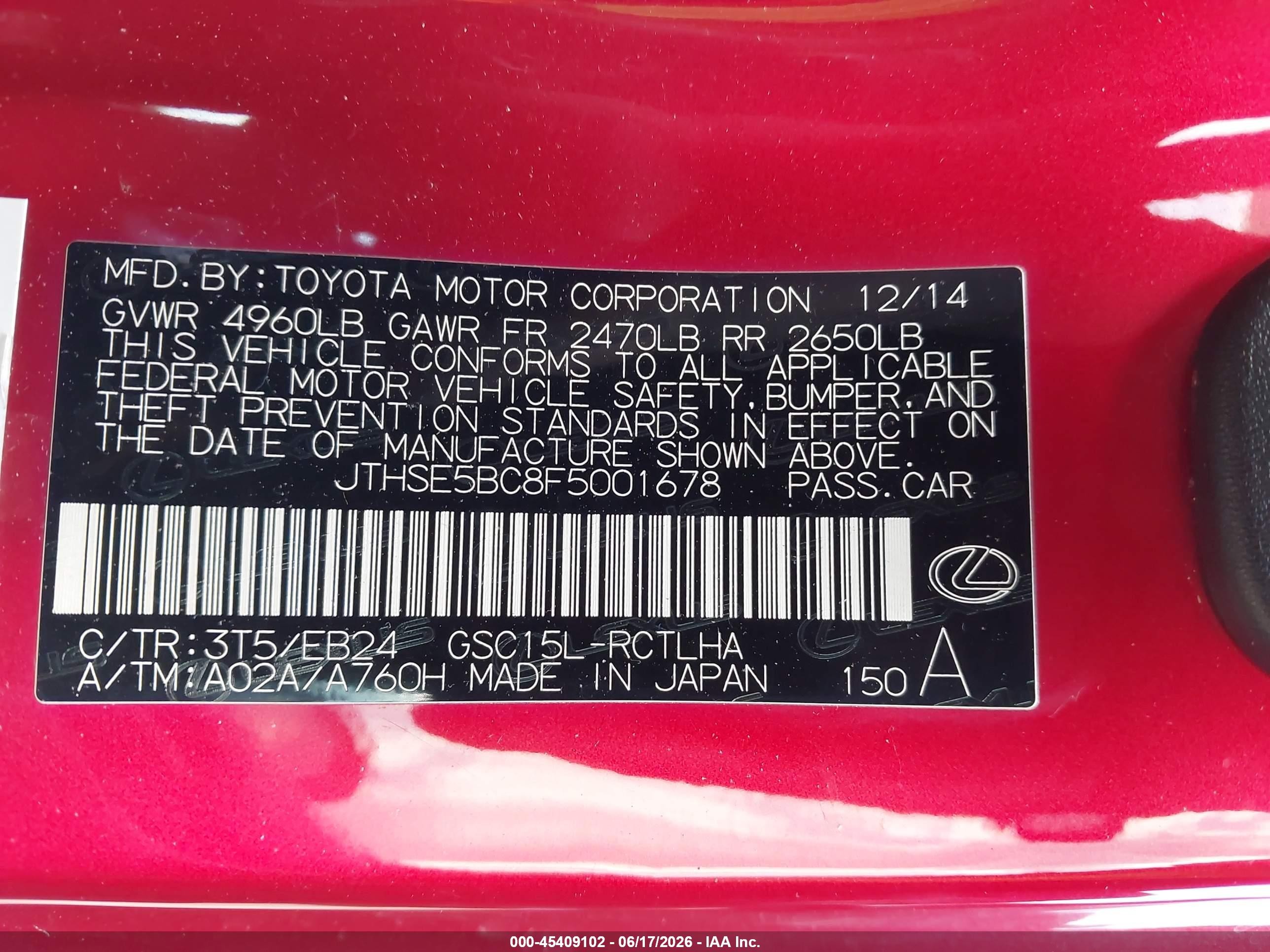 2015 Lexus Rc 350   Red vin: JTHSE5BC8F5001678