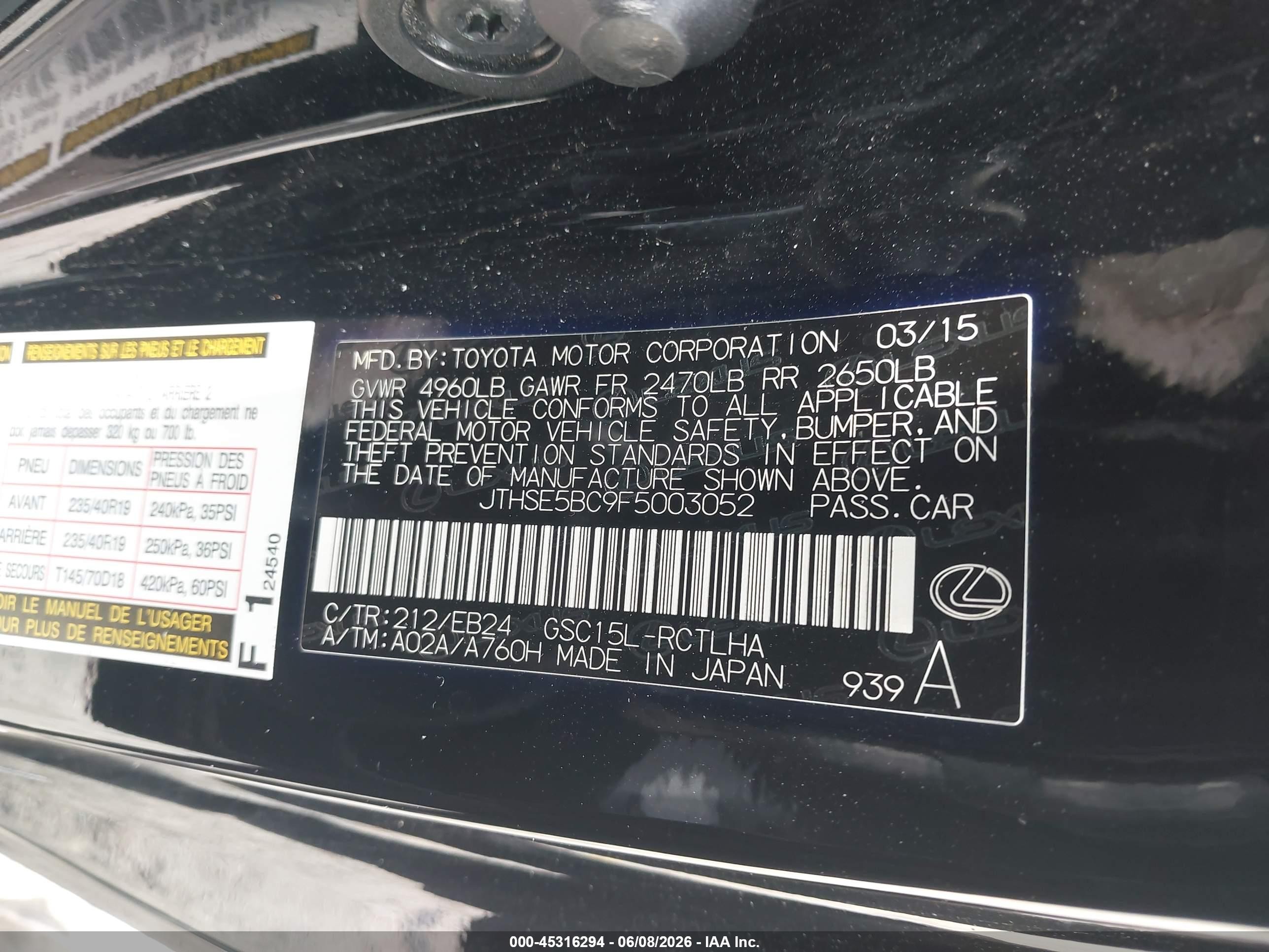 2015 Lexus Rc 350   Black vin: JTHSE5BC9F5003052