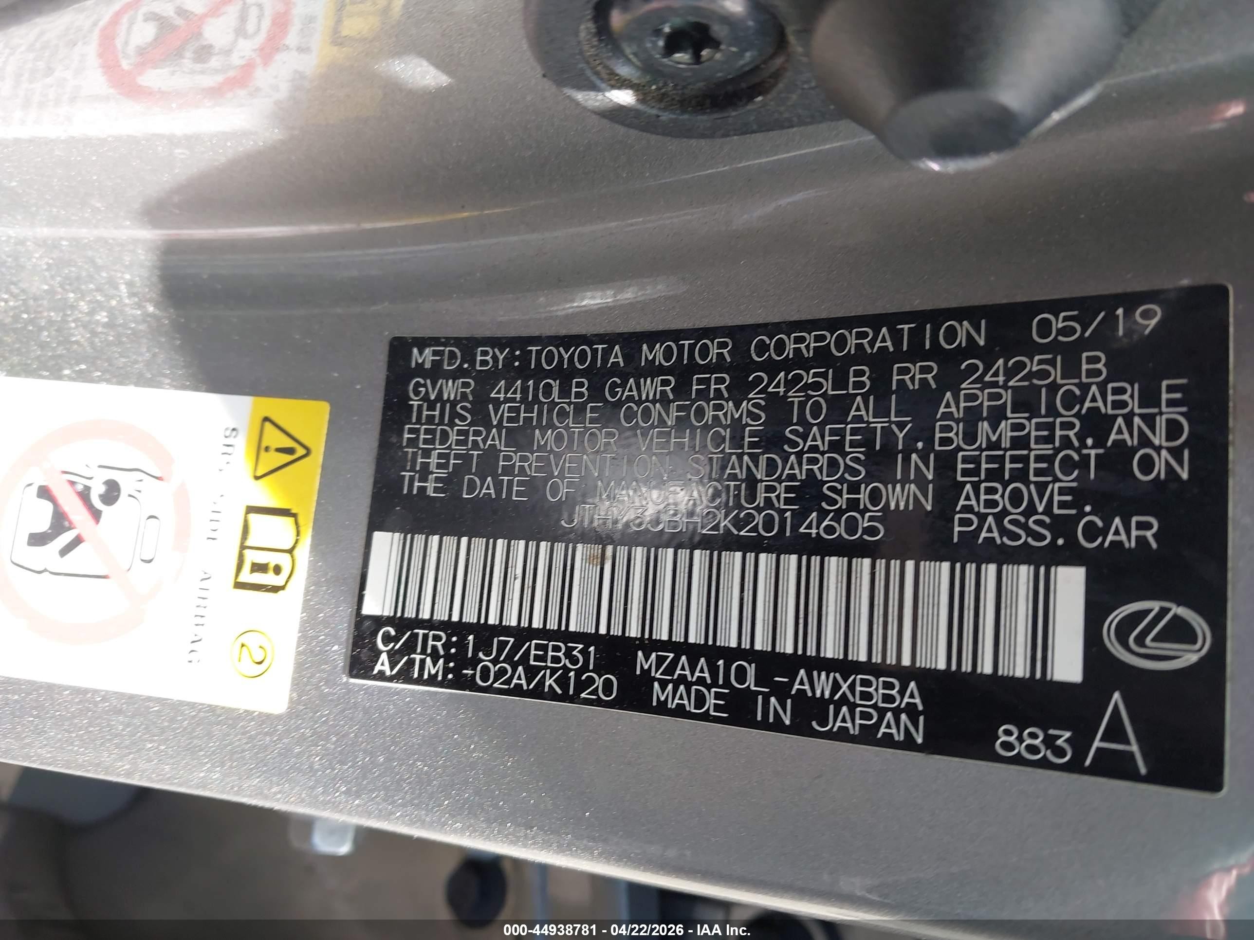2019 Lexus Ux 200 F Sport Silver vin: JTHY3JBH2K2014605