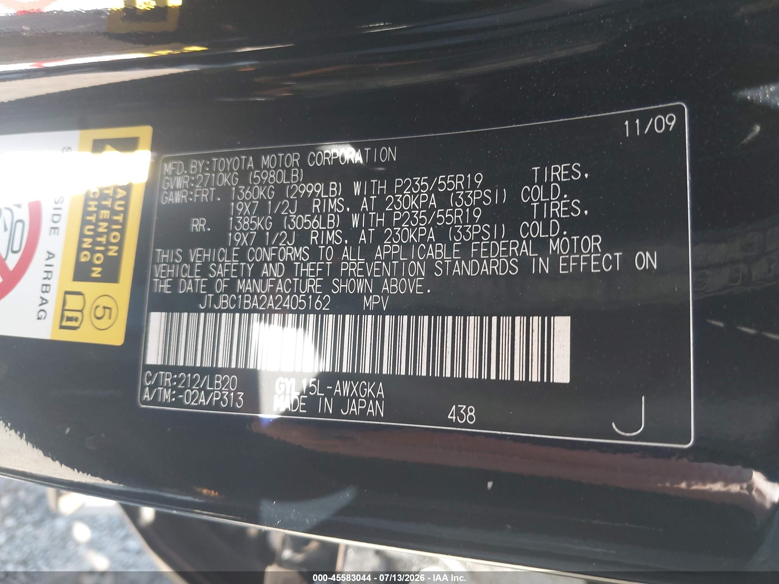 2010 Lexus Rx 450h   Black vin: JTJBC1BA2A2405162
