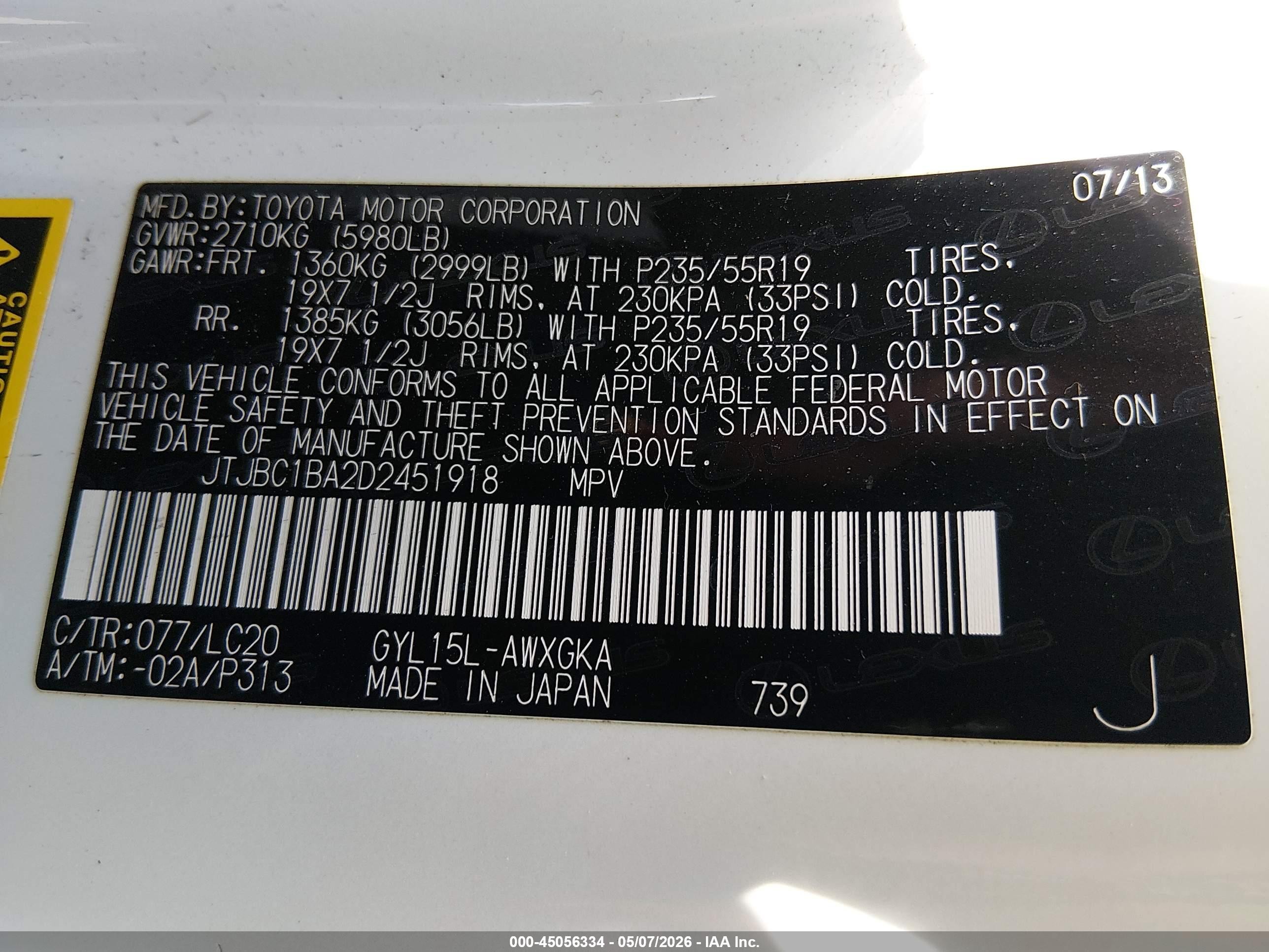 2013 Lexus Rx 450h   White vin: JTJBC1BA2D2451918