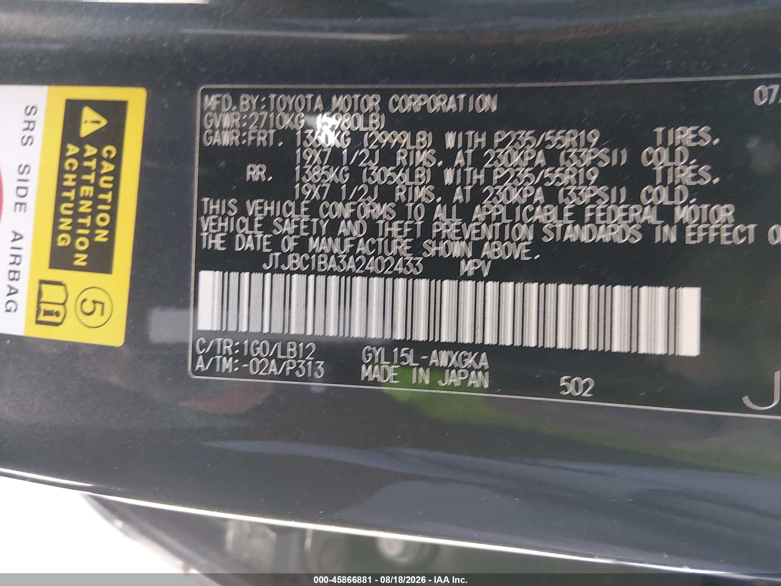 2010 Lexus Rx 450h   Black vin: JTJBC1BA3A2402433