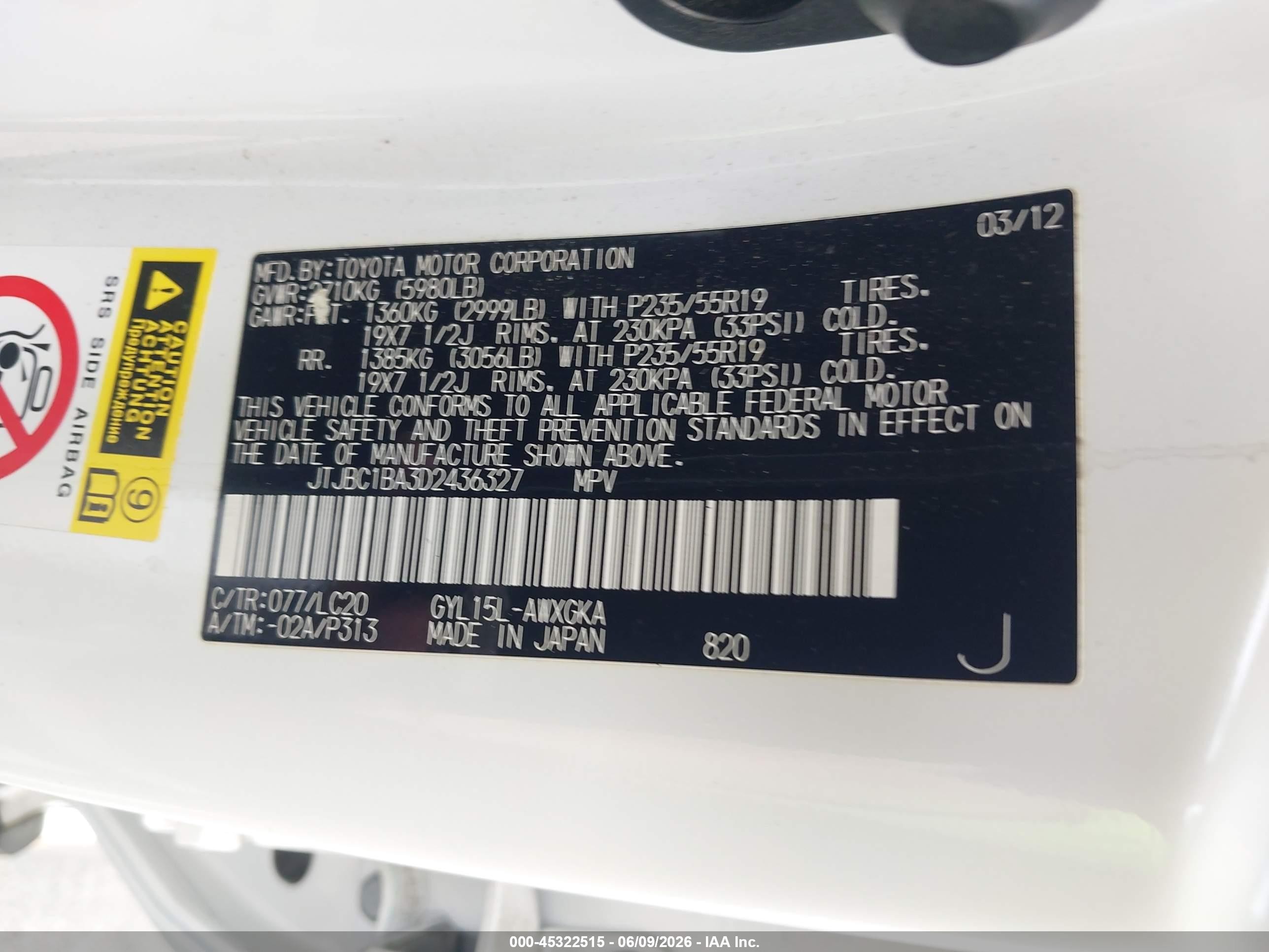 2013 Lexus Rx 450h   White vin: JTJBC1BA3D2436327