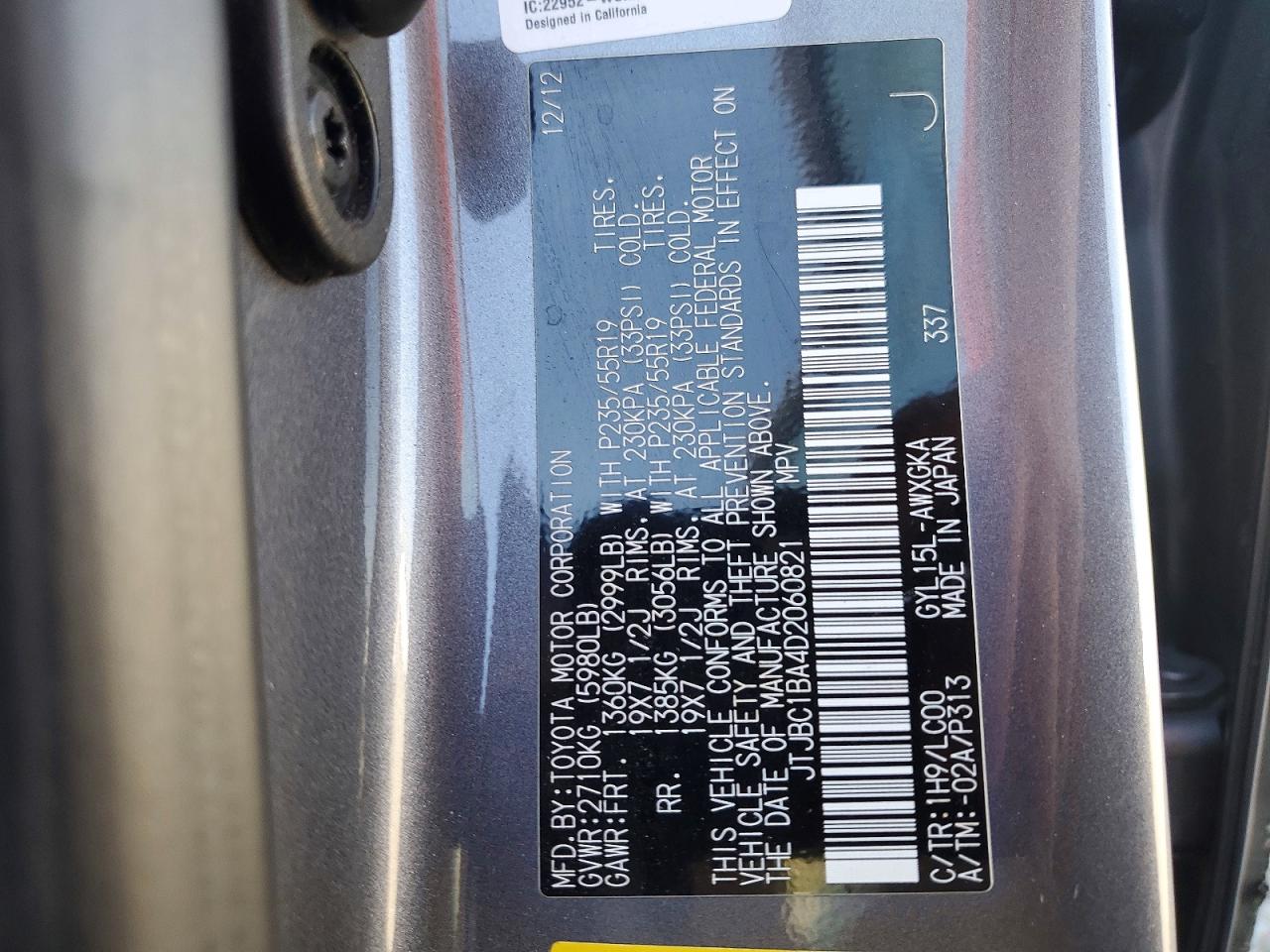 2013 Lexus Rx 450h Charcoal vin: JTJBC1BA4D2060821
