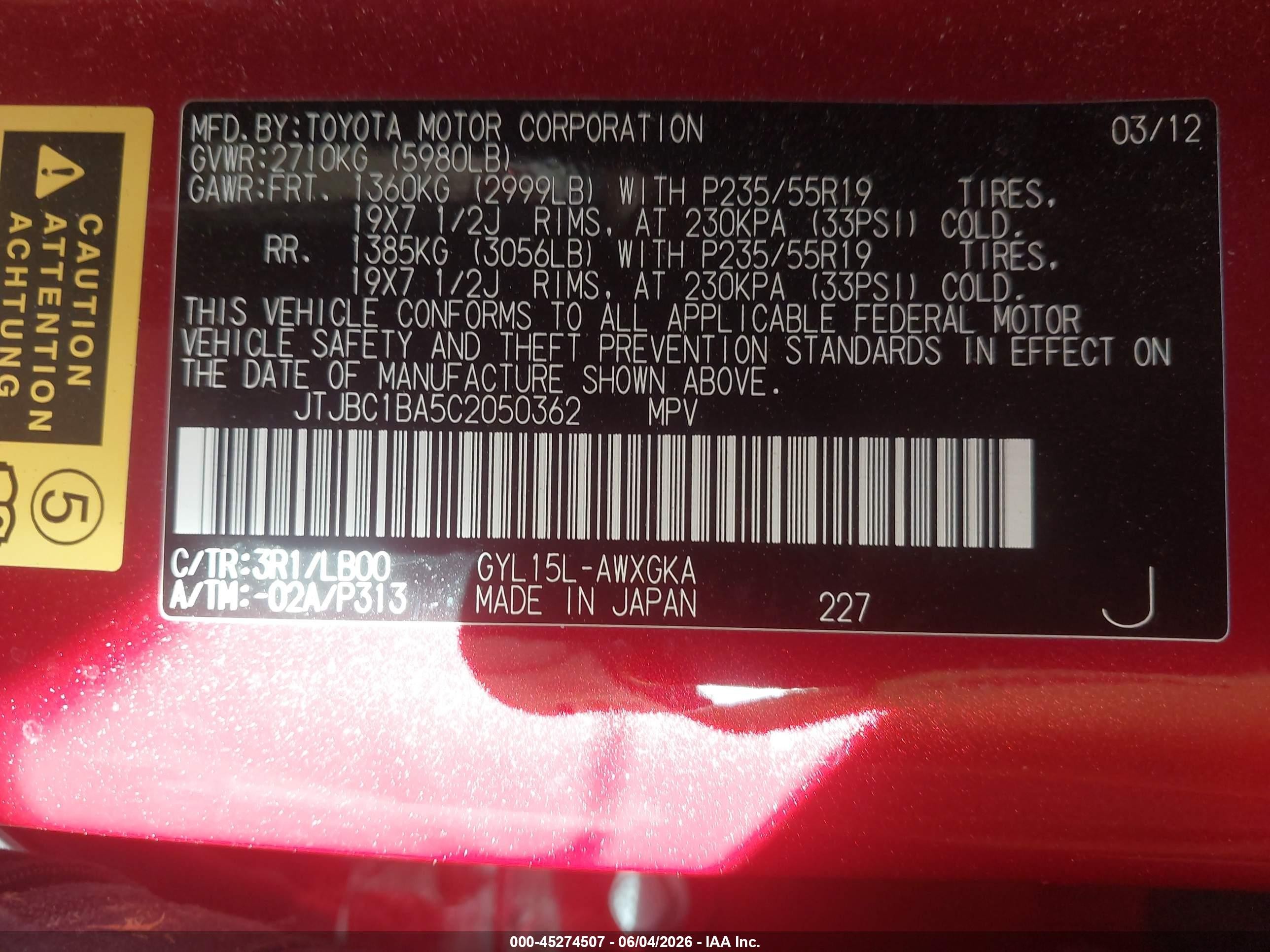 2012 Lexus Rx 450h   Red vin: JTJBC1BA5C2050362