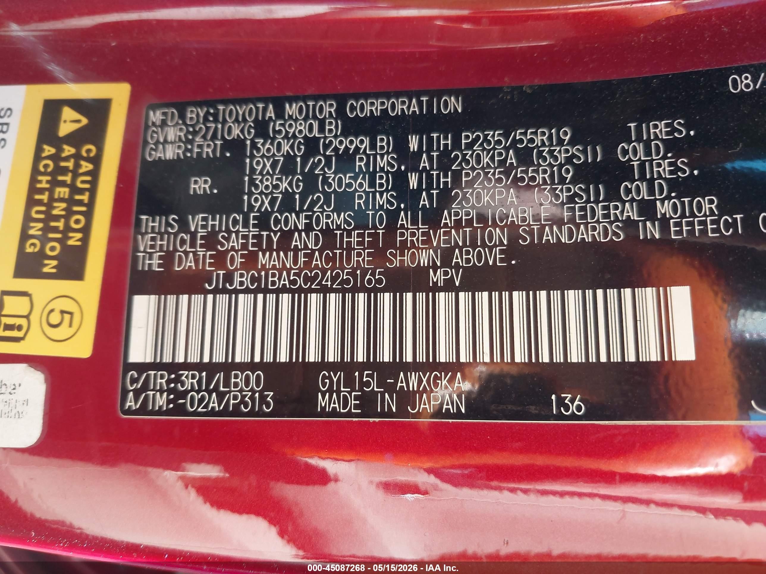 2012 Lexus Rx 450h   Red vin: JTJBC1BA5C2425165