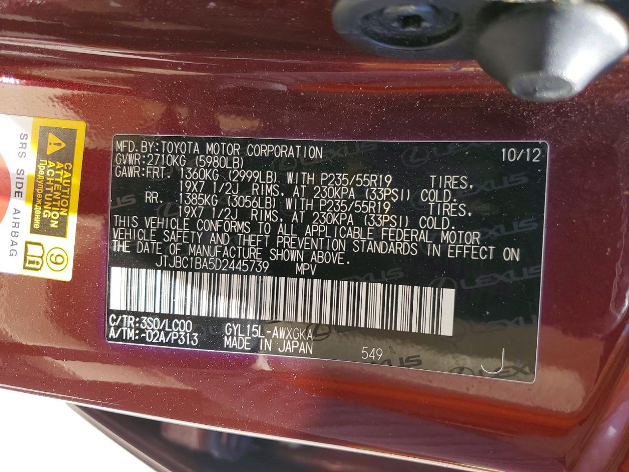 2013 Lexus Rx 450h Burgundy vin: JTJBC1BA5D2445739