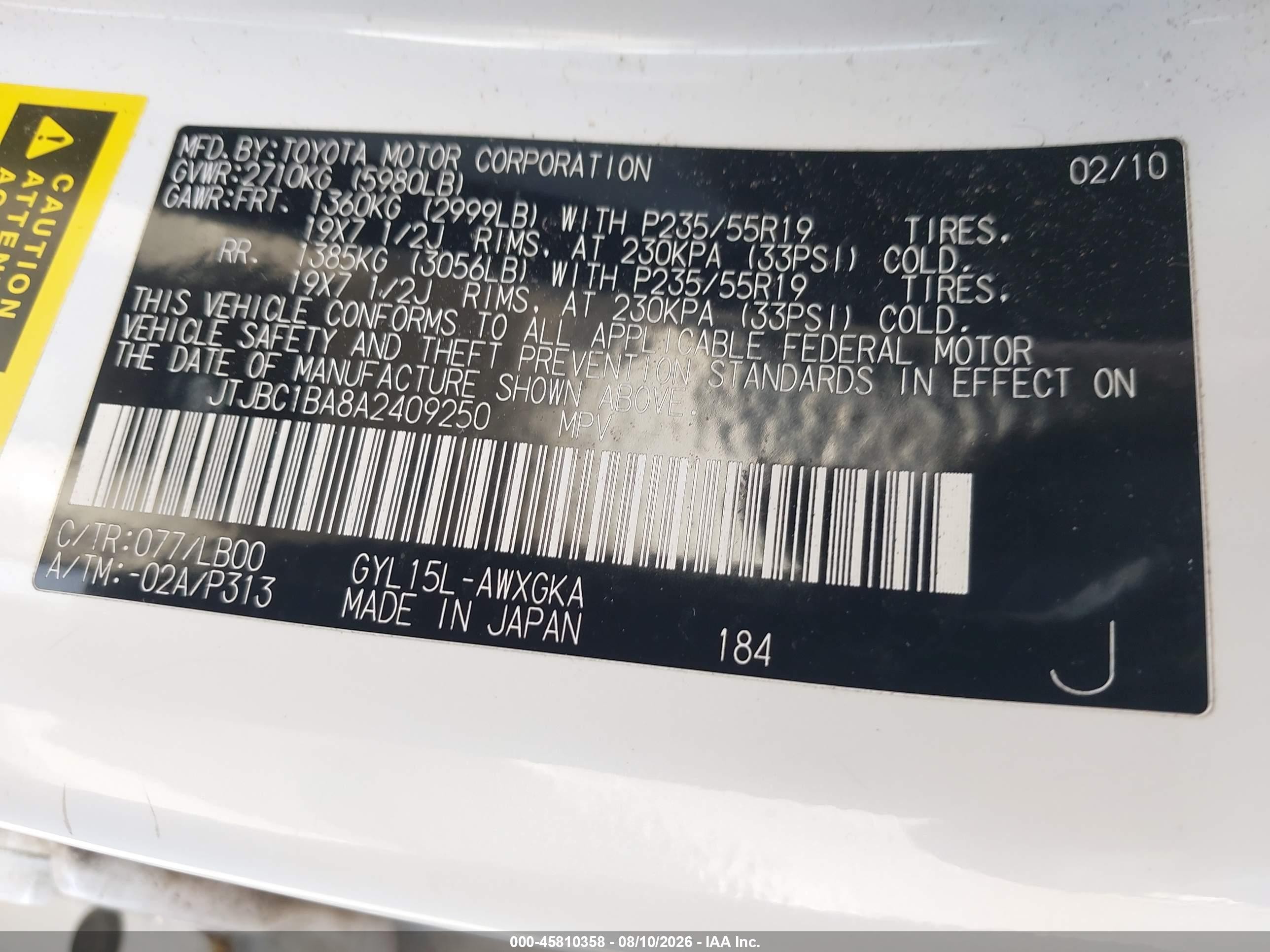 2010 Lexus Rx 450h White vin: JTJBC1BA8A2409250